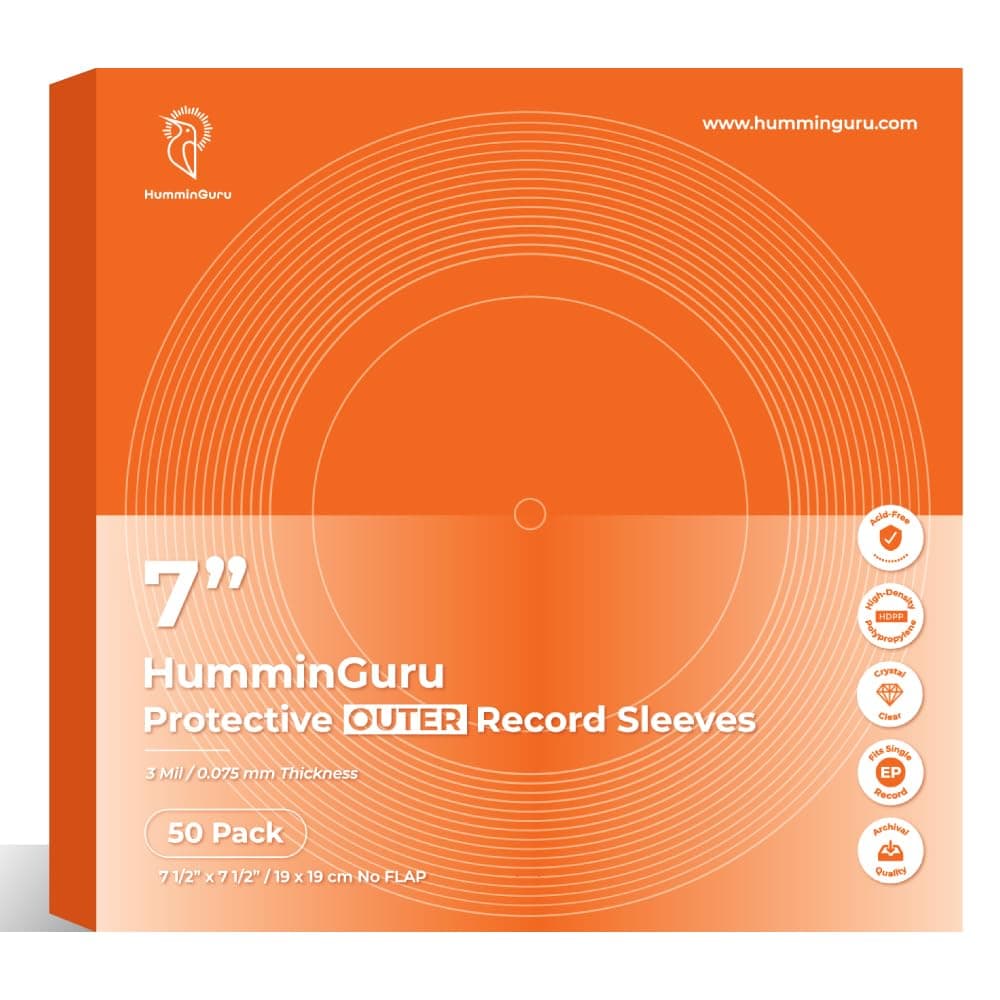 HumminGuru Protective Vinyl Record Outer Sleeve 7 Inch, Acid Free & Crystal Clear, HDPP Outer Record Sleeve for Single & Double LP Album Covers, 3 Mil, 50 Pack (7" Seamless Outer Sleeves)