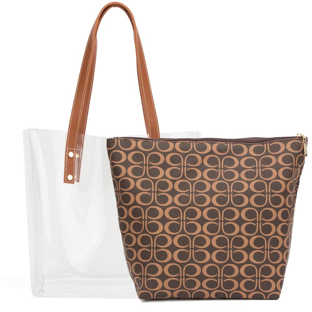 Clear Shoulder Bags for Women Girls, 2 in 1 Women Handbags Multiple Uses Clear Tote Bag with Signature Inner Bag (Coffee)