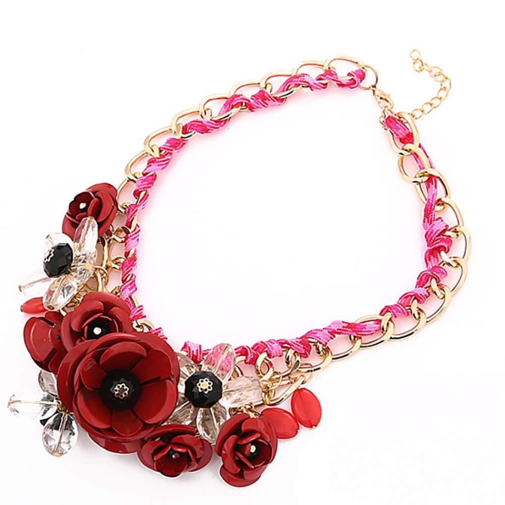 Women's Rose Acrylic Crystal Flower Choker Statement Necklaces Pendants Collier Femme (Red)