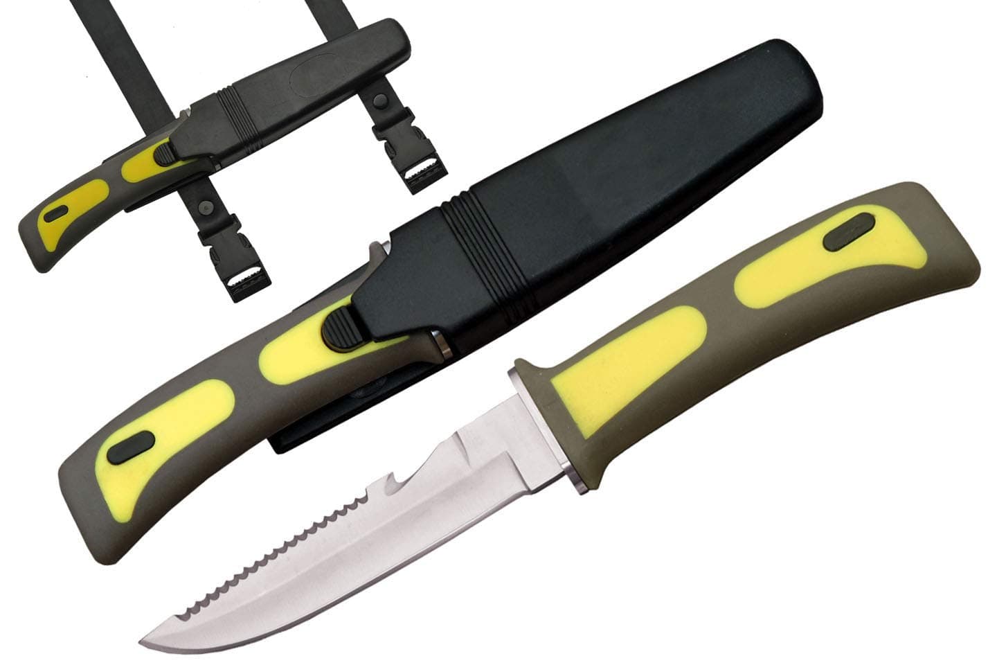 SZCO Supplies 9-Inch Dive Knife with Stainless Steel Blade, Sawtooth Spine, Rubberized Grip, Bright Yellow Handle, Hard-Sheath & Leg Strap for Diving, Snorkeling, and Outdoor Adventures