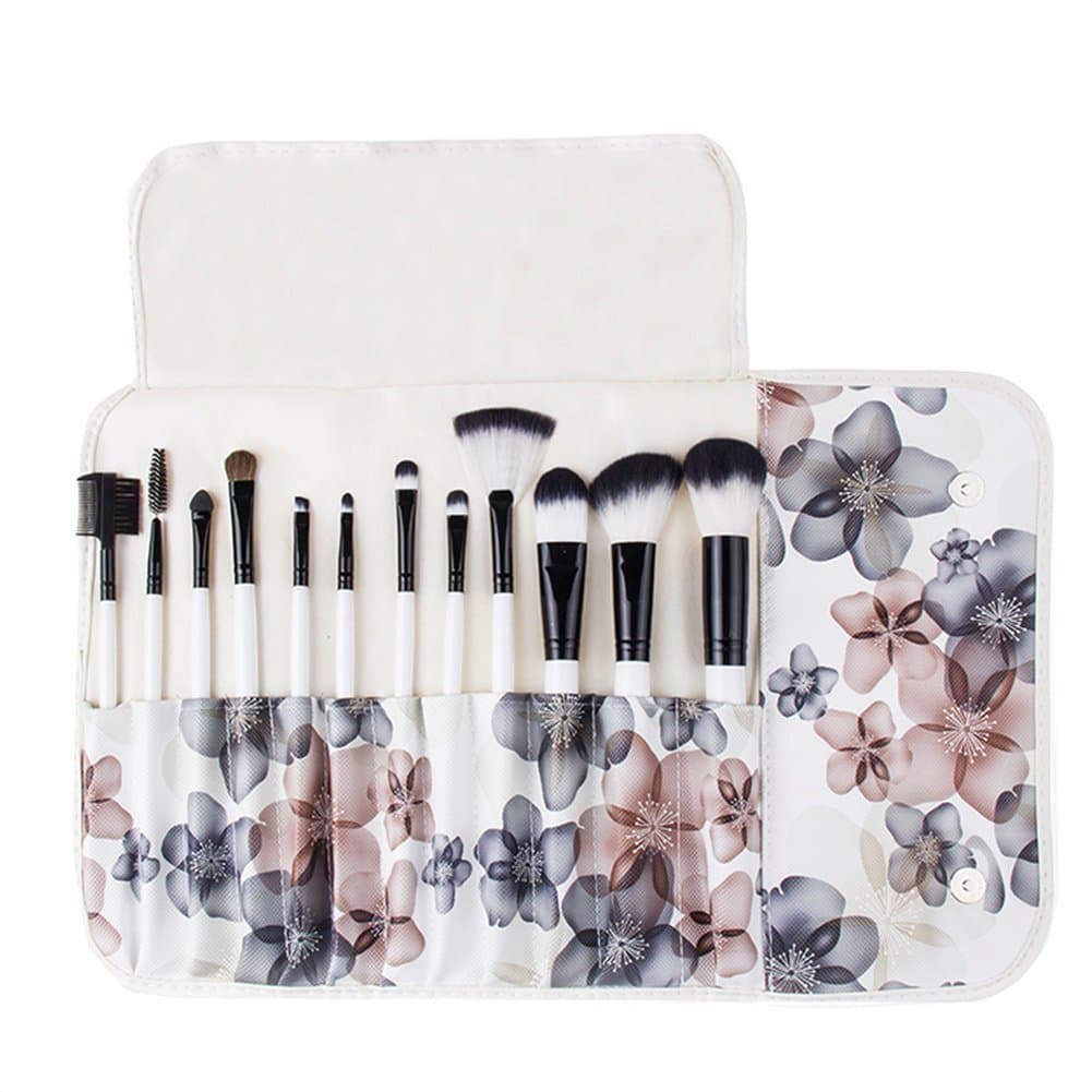 EAWELL Professional 12 Piece Makeup Cosmetic Brush Set Kit with Rose Pattern Roll Up Case (Black Flower)