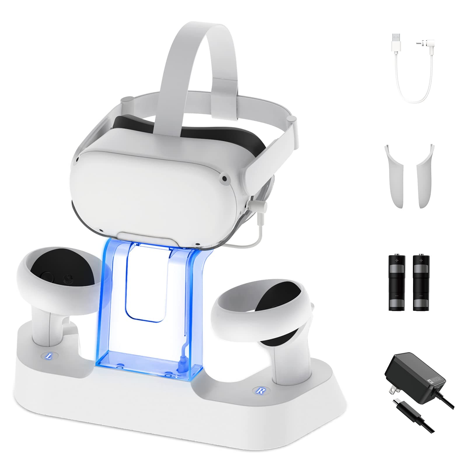 NexiGo Enhanced Charging Dock With Led Light For Oculus Quest 2,[Support Elite Strap],Headset Display Stand&Controller Mount,2 Rechargeable Batteries,Magnetic Cable,Virtual Reality Headset,White