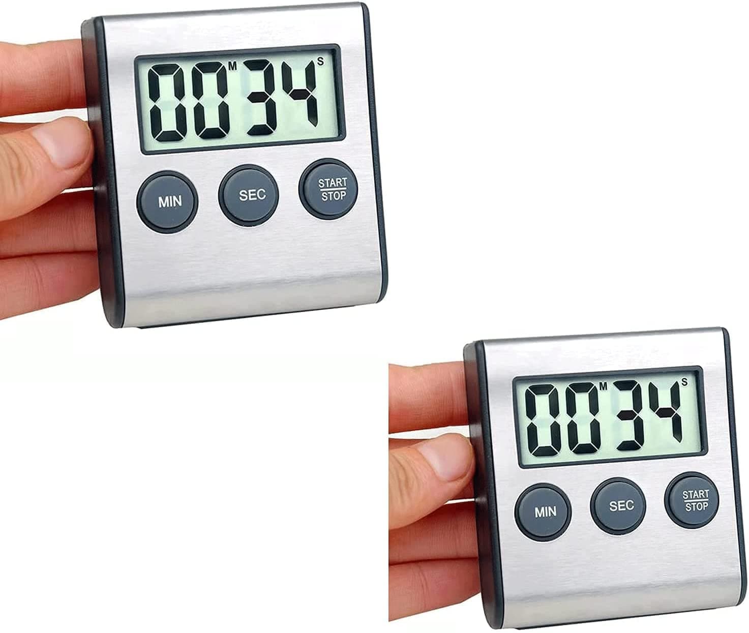 2 Pack Kitchen Timer, Digital Kitchen Timer Magnetic Countdown Timer with Loud Alarm Stainless Steel Kitchen Timer for Cooking, Baking, Sports Games (AAA Battery Included)