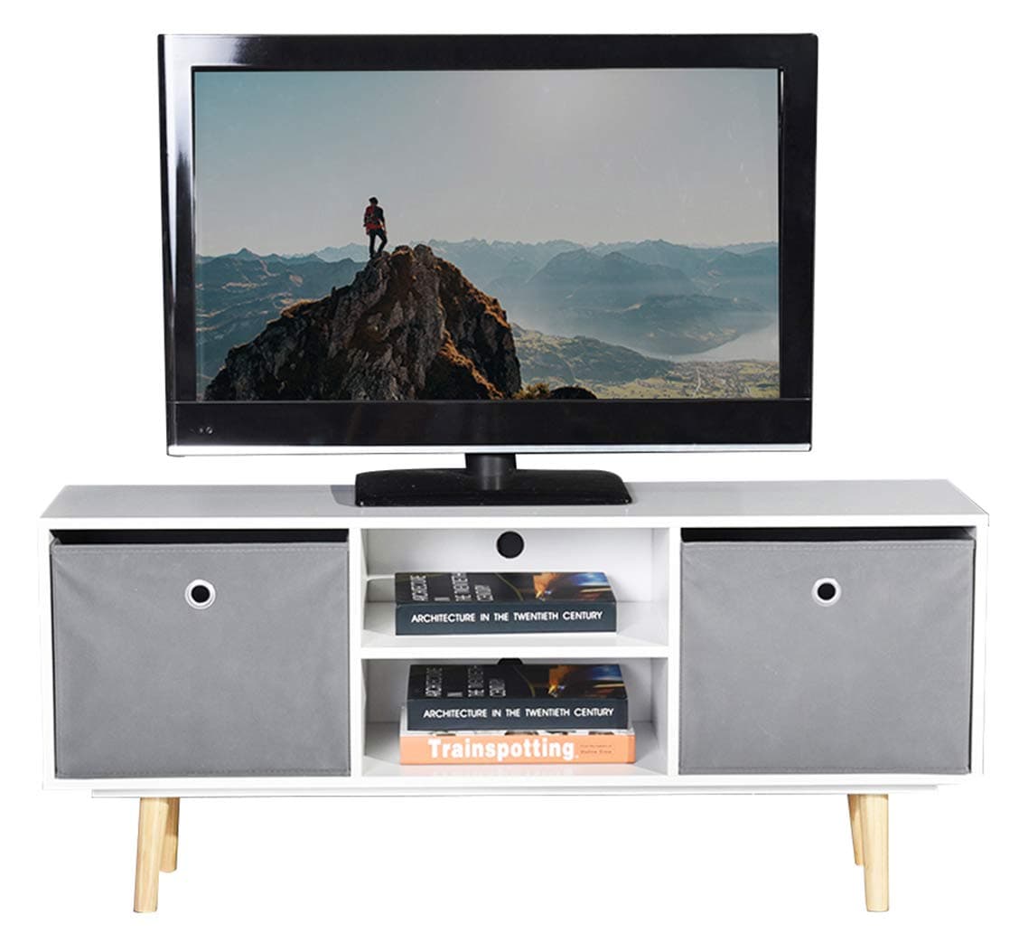 ASUUNY White TV Unit, Modern TV Cabinet, Cube TV Unit, TV Stand Storage Console with 2 Shelves and 2 Drawers for Living Room, Bedroom