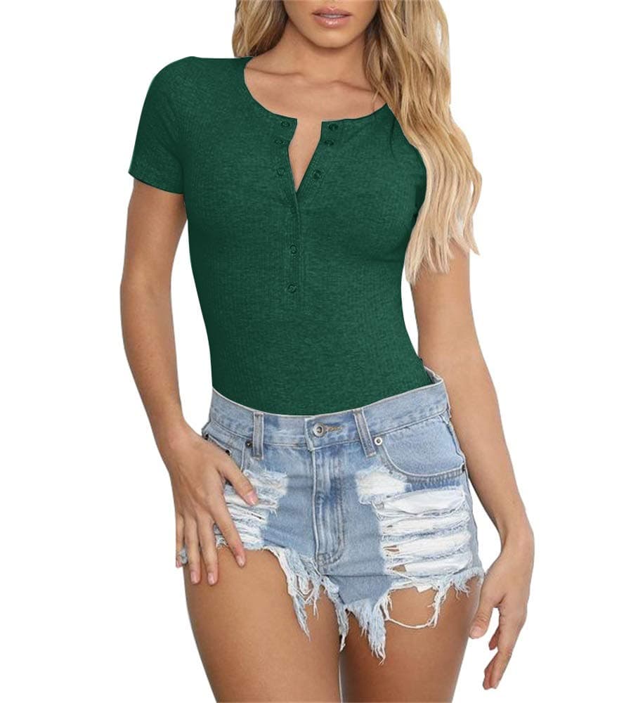 GEMBERA Women Short Sleeves Henley Neck Button Down Bodysuit Ribbed Knit Thong Basic Leotard Top