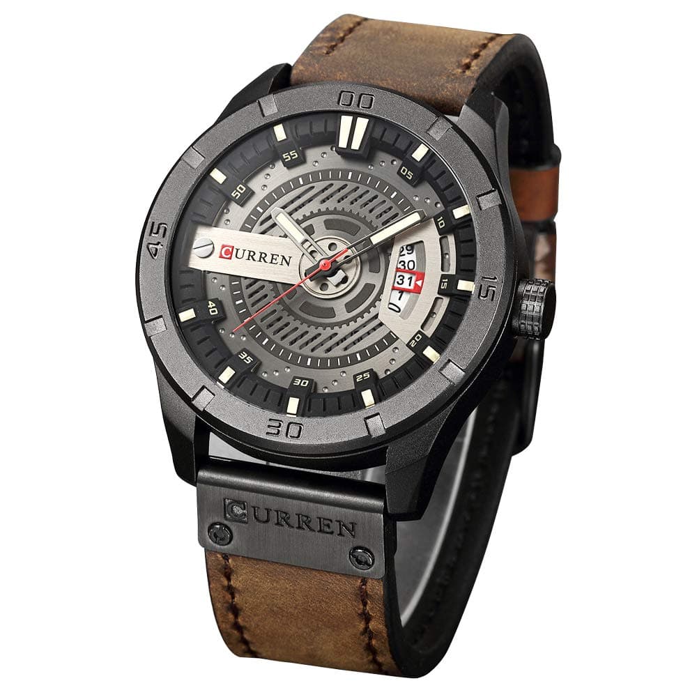 Quartz Watch For Men, Waterproof Analog Watches, Business Leather Strap Men's Wristwatch with Date 8301(Black-Coffee)