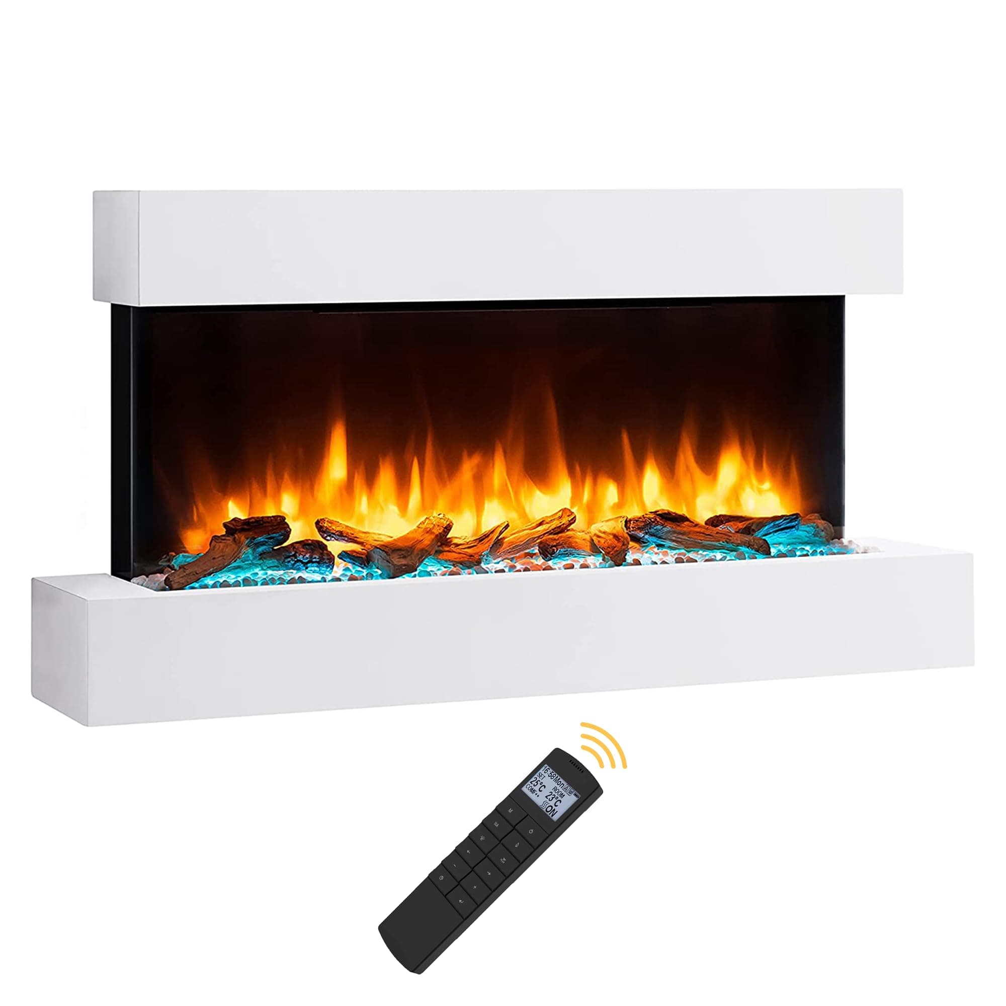 Endeavour Fires Runswick 43" Wall Mounted Electric Fireplace with Off-White Surround, Log/Stone/Crystal Fuel Beds, Realistic Flame Effects & LED Lighting, 1–2kW Heater, Remote Control