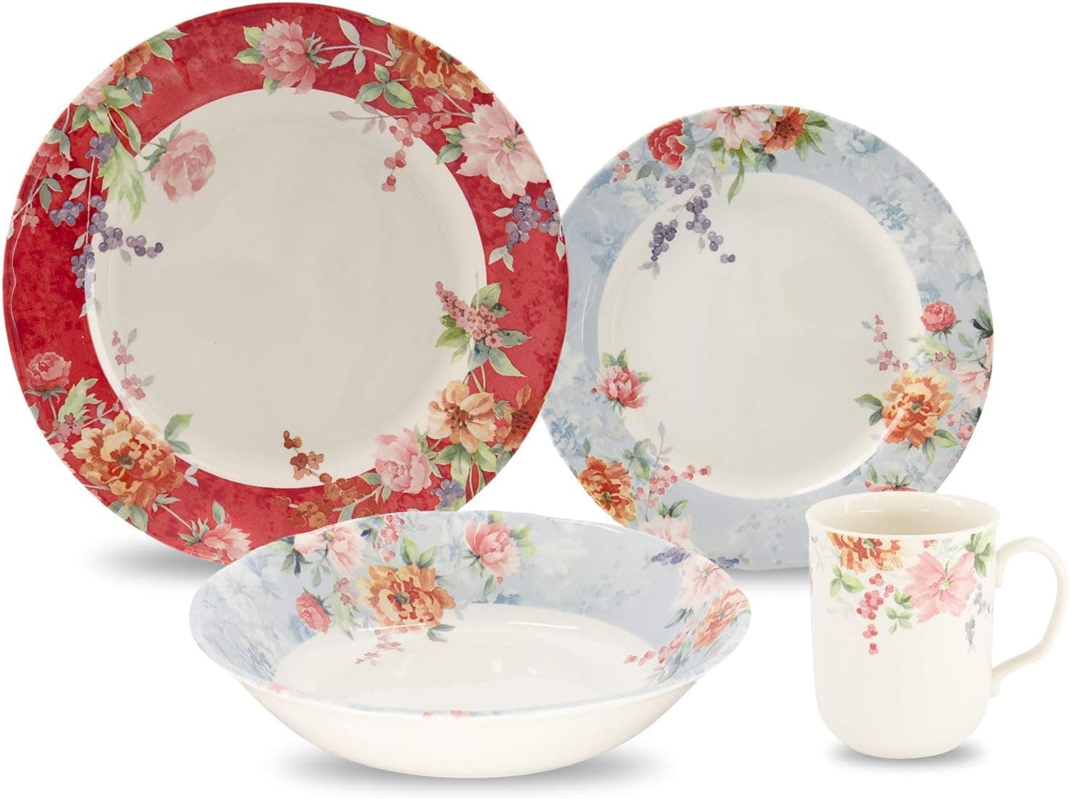 Tudor Royal 24-Piece Porcelain Round Dinnerware Set, Service for 6, Crimson Design, Summer Floral, Plates Bowls Mugs Dishes, Glossy, Premium Quality Tableware