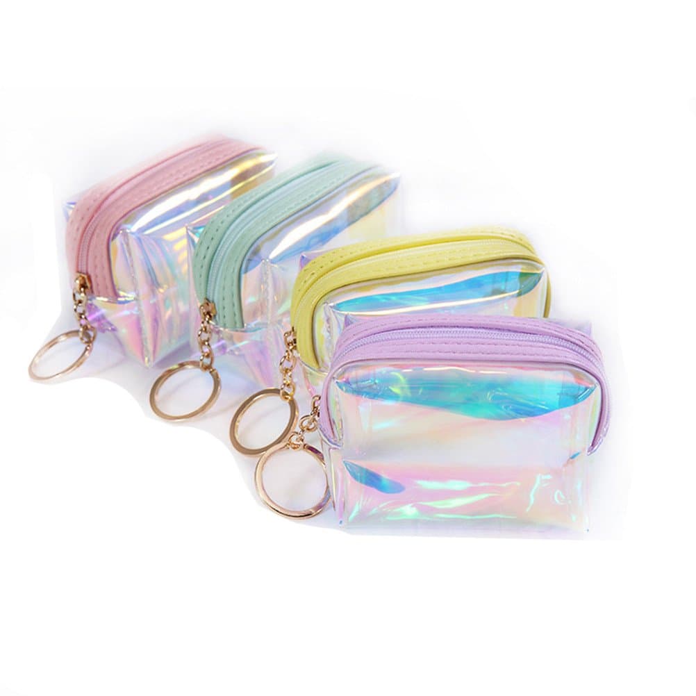Holographic Cute Coin Purse and Wallet for Girls Jelly Shells Card HandBag Makeup Bag Small (4 Pack-Style 2)