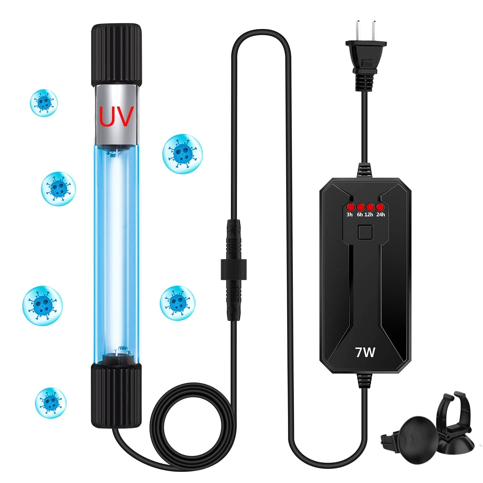 TAISHAN Aquarium Clean Light, UV Sanitizer, 7W, Timer, Submersible, Green, Clear Waterproof, Pond, Swimming Pool, Indoor