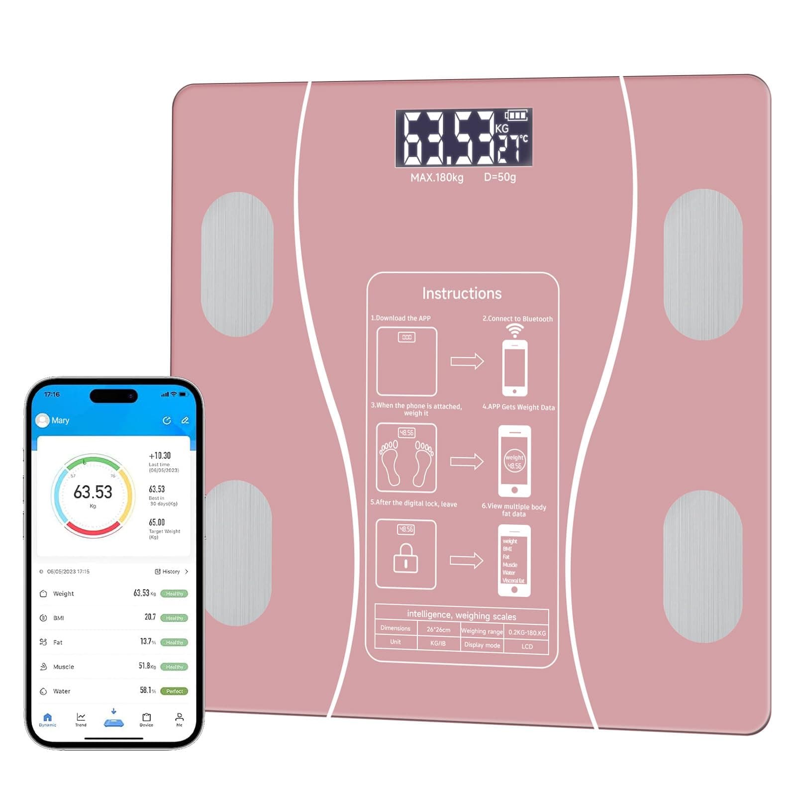 Intelligent Body Fat Scale, a Simple and Practical Digital Scale That can be Connected to a Mobile Digital Bathroom Scale to Display BMI, Body Fat, Muscle Mass, and Durable Weight Scale (Pink)