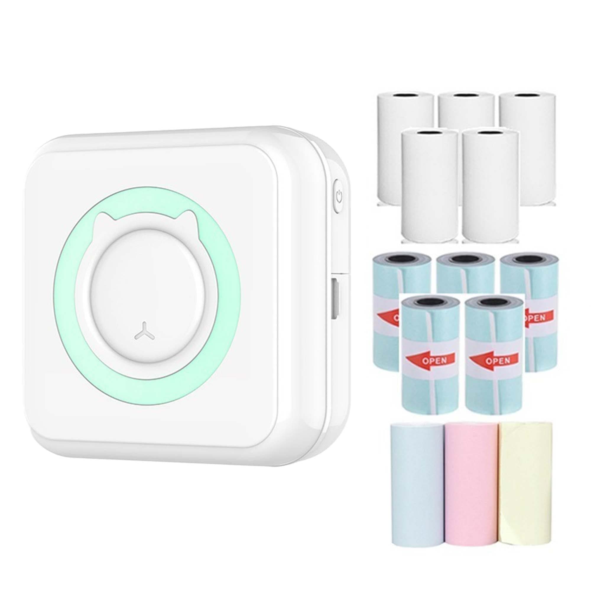 Portable Mini Thermal Printer Pocket Wireless Bluetooth Thermal Printers Compatible with Android iOS, with 5 Rolls of Thermal Paper + 5 Rolls of Self-Adhesive Thermal Paper + 3 Rolls of Colored Paper