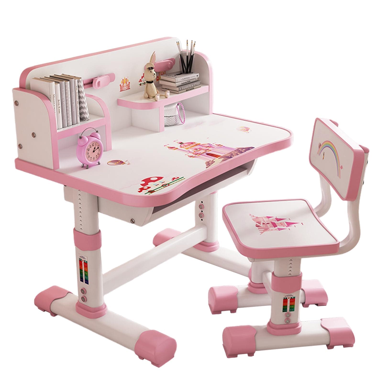 ohfruit Kids Table Chair Sets Multi Functional Desk Set with Drawers and Storage Adjustable Children School Study Table Chair Set with Pattern for Boys Girls Pink Cute