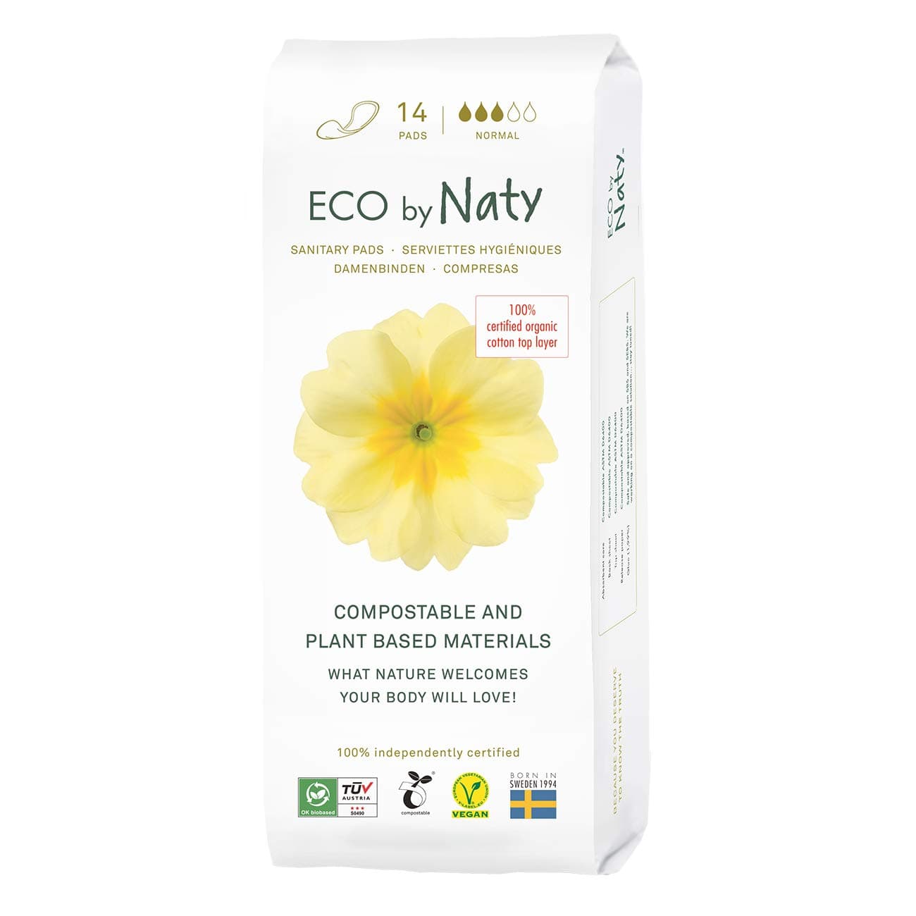 Naty Sanitary Pads Normal – Plantbased and Absorbent Pads for Women, Organic Cotton Menstrual Product, Better for Feminine Health (14 Count)