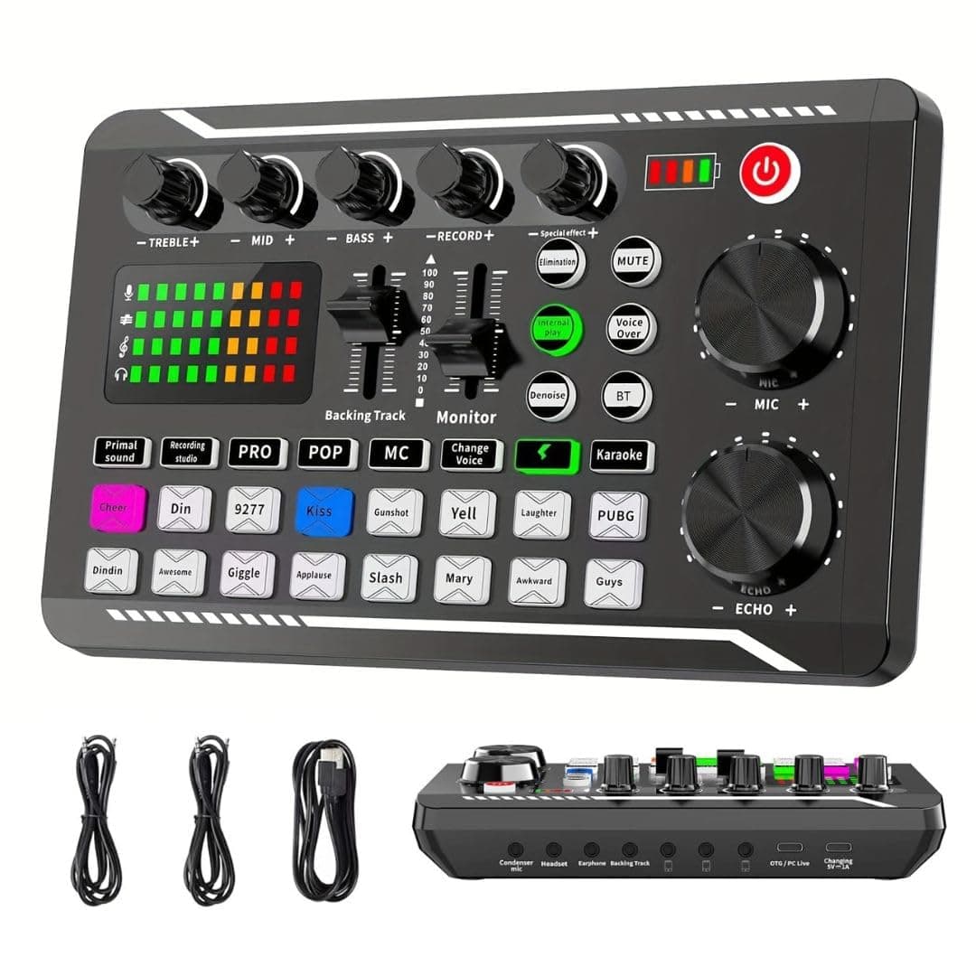 F998 Live Sound Card offers DJ mixing and multiple sound effects, serving as an external audio mixer for podcasting, YouTube, TikTok, PC streaming, game recording, and mobile karaoke.