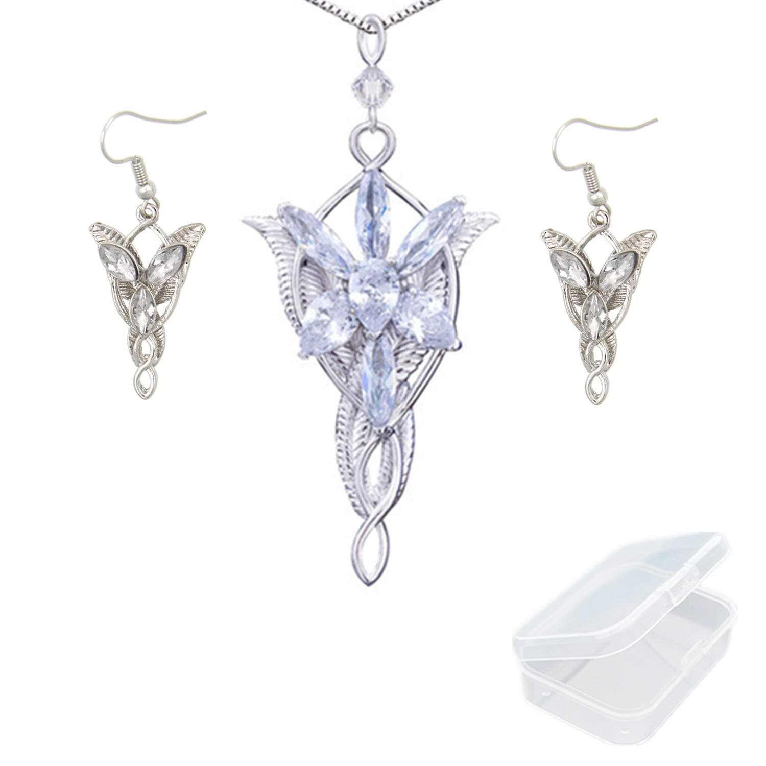 Lord of the Ring Elven Leaf Aragorn Arwen Evenstar Pendant Chain Necklace Princess Chain and Earrings with Transparent Jewelry Box