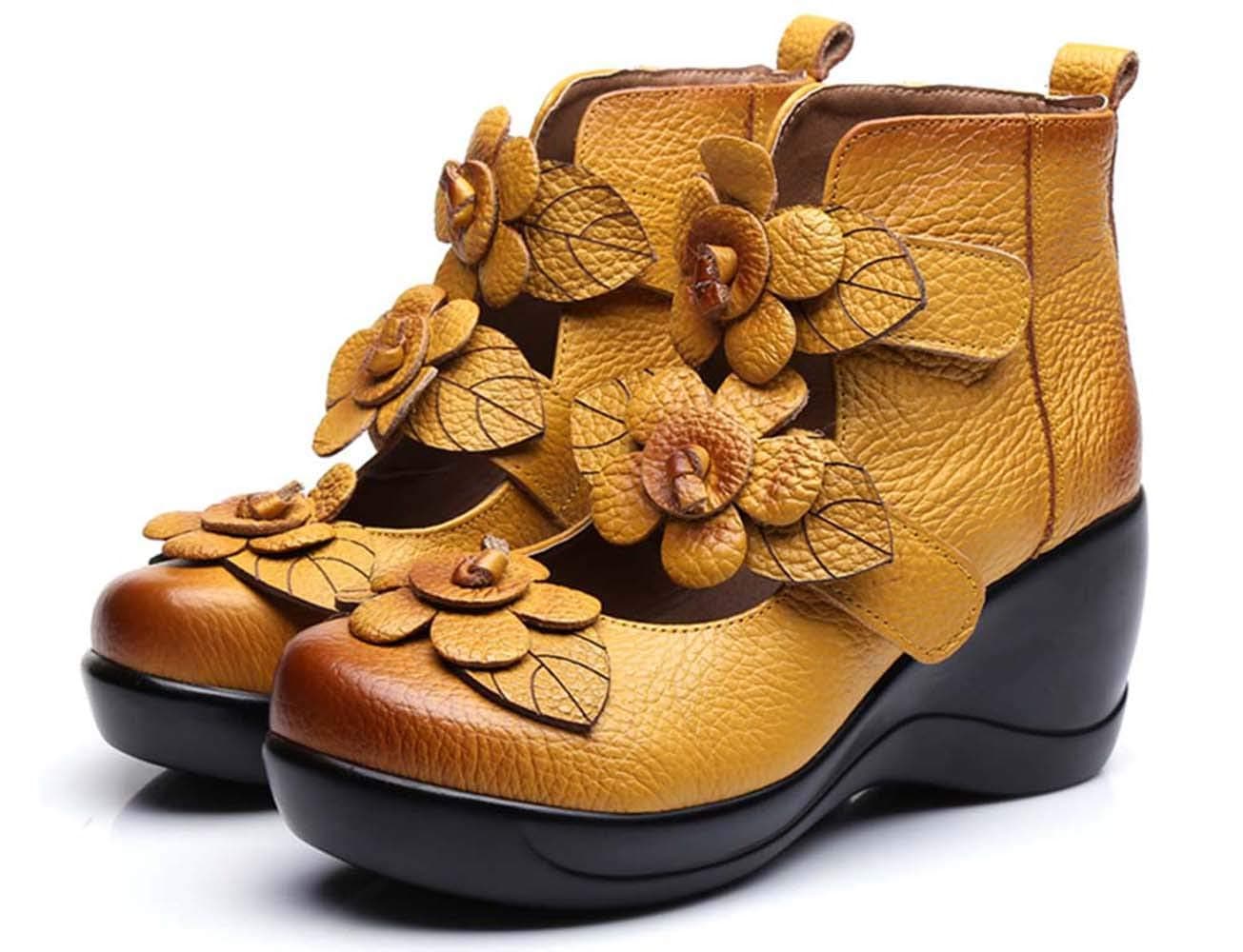 Mrs Duberess Women's Genuine Leather Comfirtable Casual Mary Jane Platform Wedges Shoes (UK 6, Style 1 Yellow)