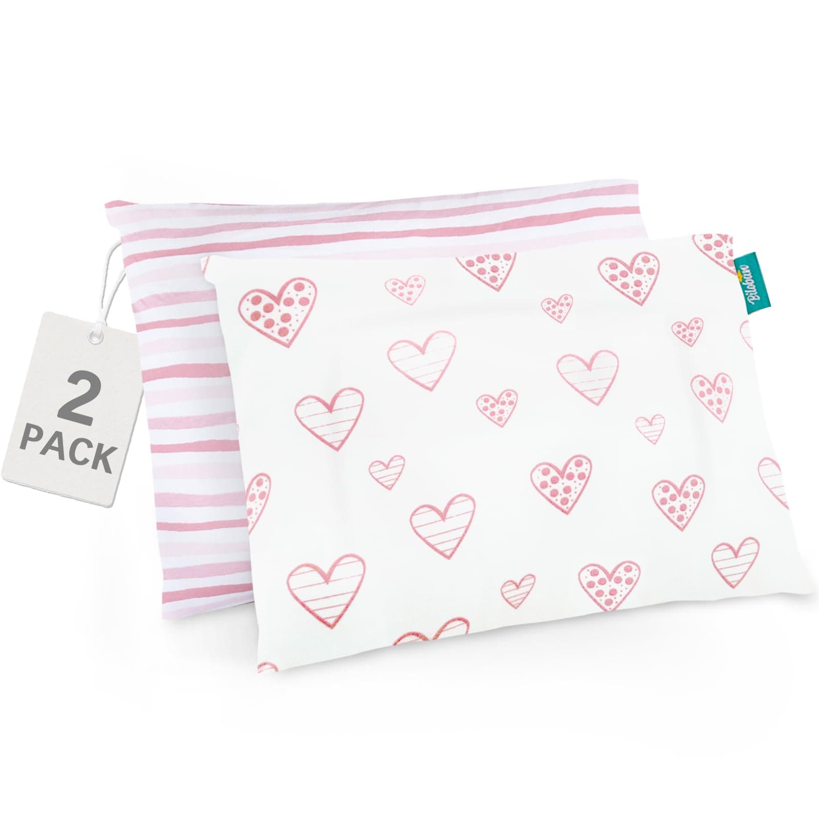Biloban Organic Cotton 2 Pack Kids Toddler Pillowcase for Children Toddler Pillows 13"x 18" or 14"x19", Envelope Travel Toddler Pillow Cover Case (Pink Print)