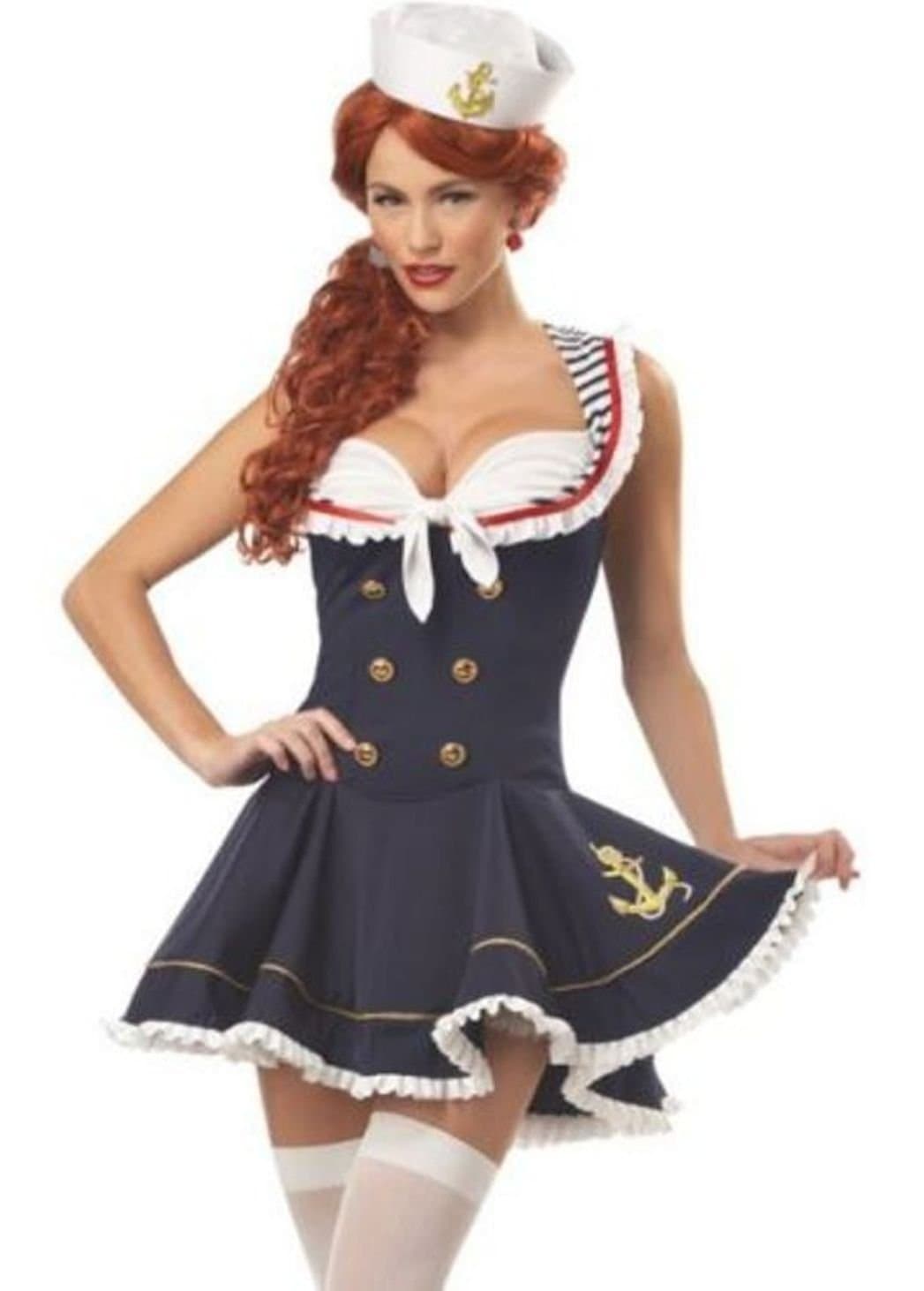 Ladie's Sassy Sailor Girl Costume Adult Navy Fancy Dress Womens Nautical Outfit (Women: 14 UK)