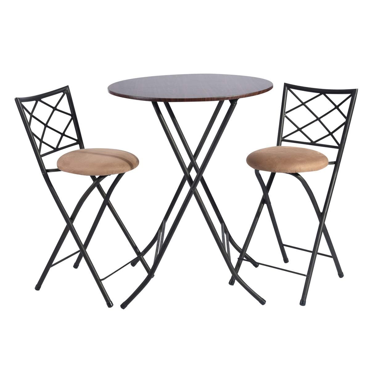 3 Piece Folding Counter Height Pub Dining Table Set, No-Assembly Round High Breakfast Table with 2 Cushioned Folding Bar Stool Chairs
