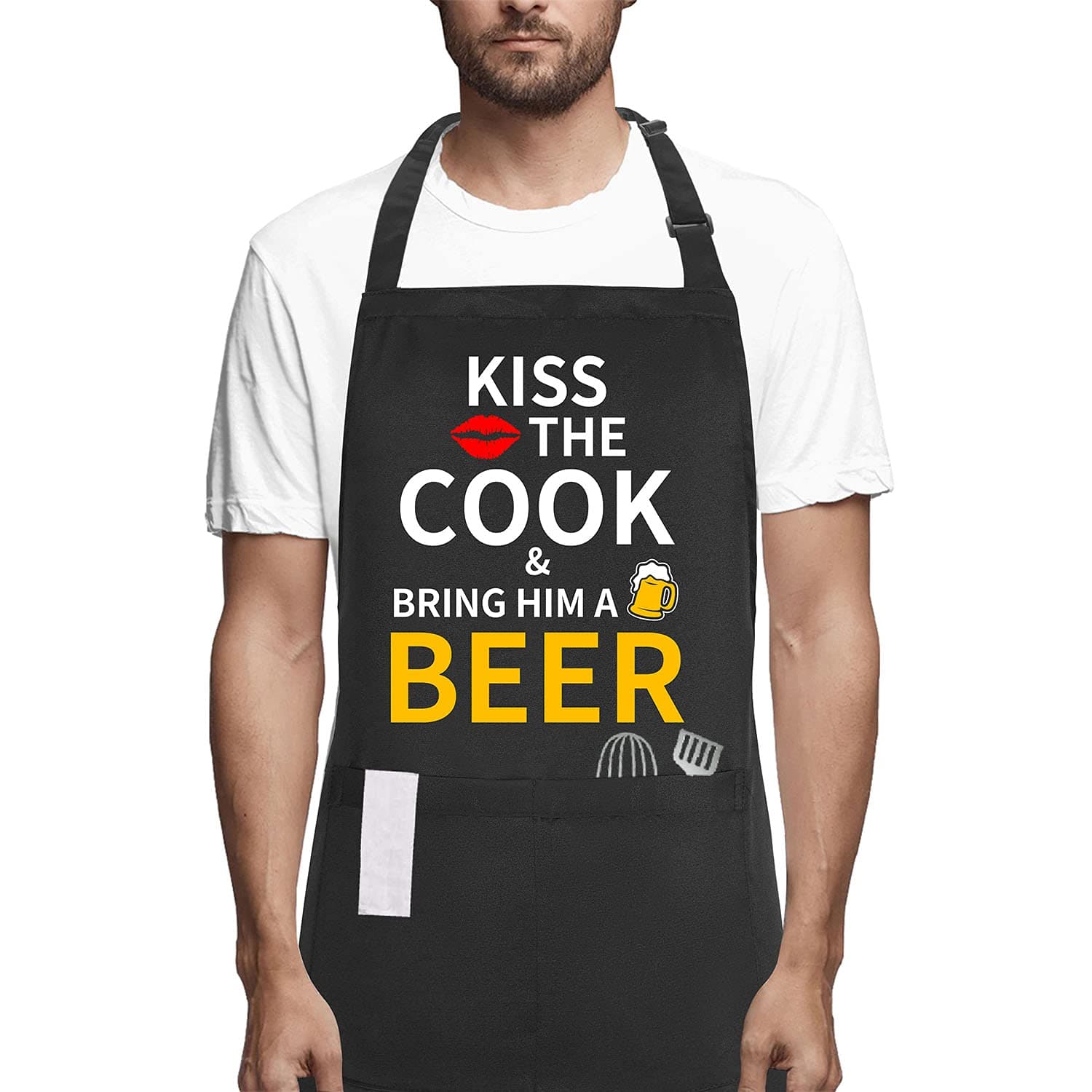 POTALKFREE Funny Chef Aprons for Men with Pockets, Kiss the Cook Kitchen BBQ Cooking Dad Apron, Grill Gifts for Birthday Christmas Thanksgiving Fathers Day