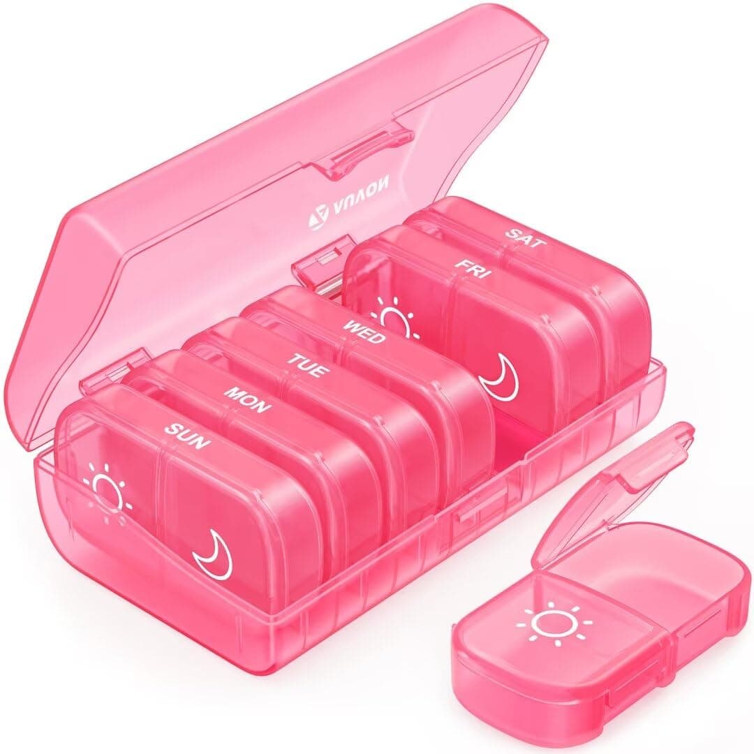 AUVON Pill Box Organiser, XL Weekly Pill Box 7 Day 2 Times a Day with One-Side Large Opening Design for Easy Filling, Tablet Organiser with Pink Privacy Protection for Medication/Vitamins/Fish Oils