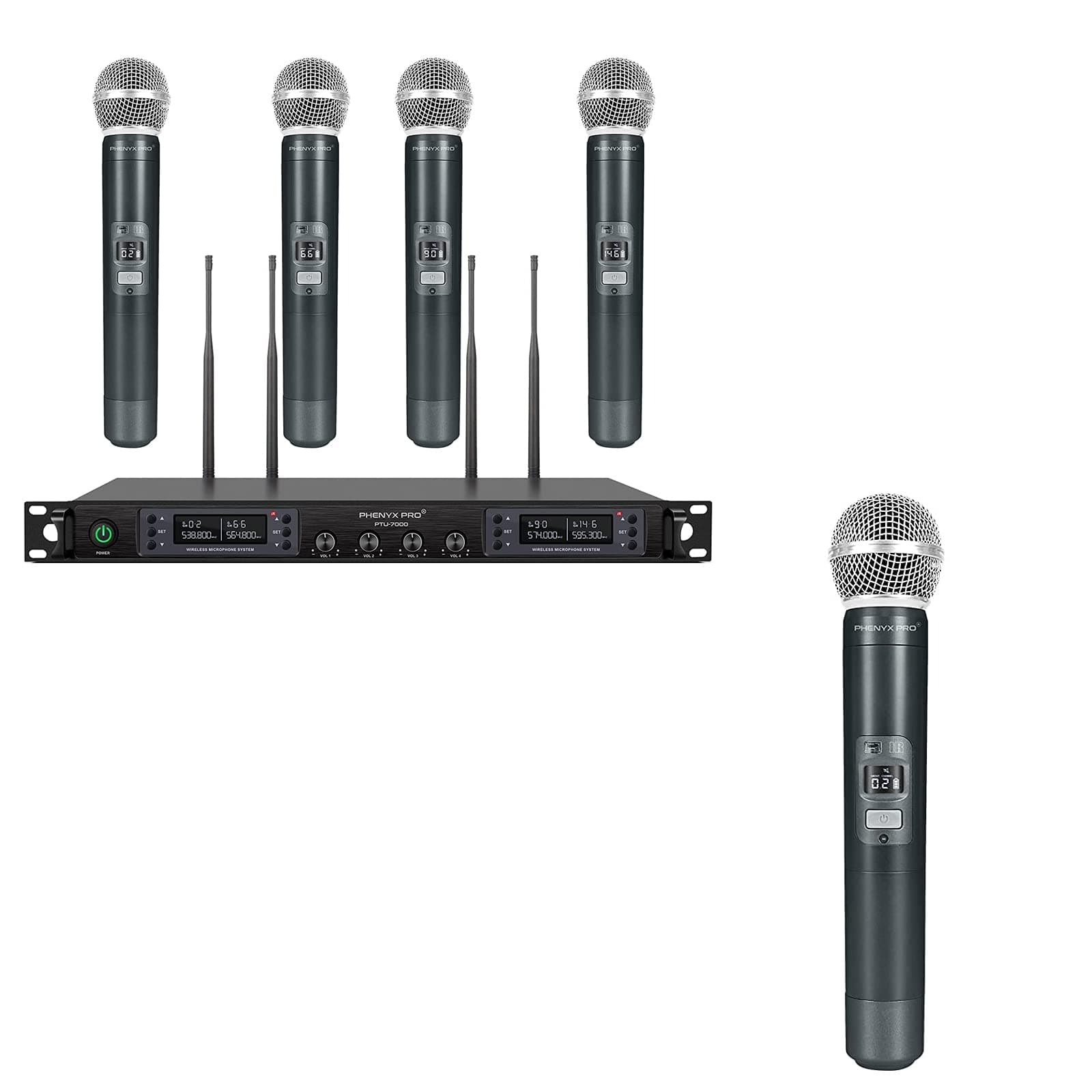 Phenyx Pro Quad Channel Wireless Microphone System PTU-7000-4H with Handheld Microphone PWH-7