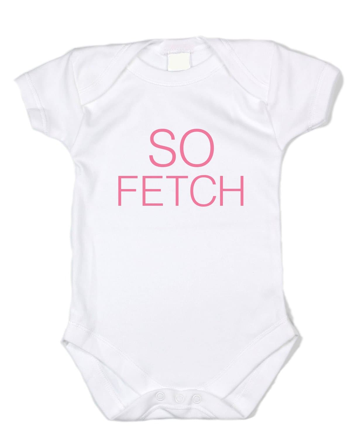 Baffle Baby/So Fetch (Short-Sleeved White Cotton Onesie, Pink Text, Girls)