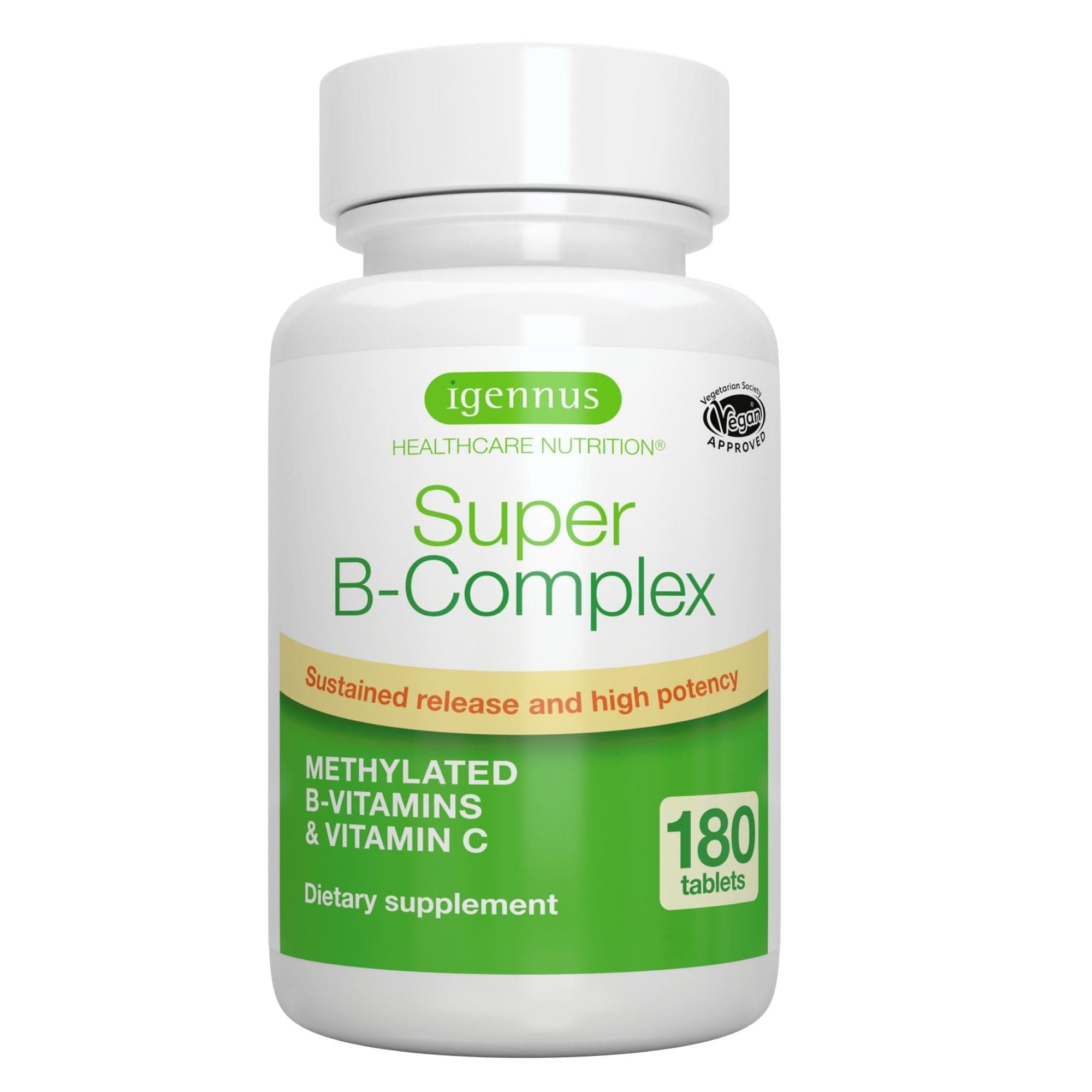 Igennus Super B-Complex – Methylated Sustained Release B Complex & Vitamin C, Folate & Methylcobalamin, Vegan, Energy, Heart & Brain Function, 180 Small Tablets