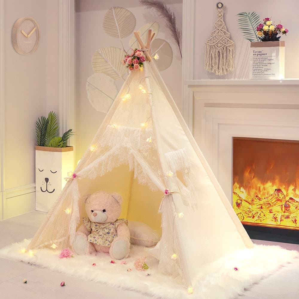 Lace Teepee Tent for Girls Tipi Tent Ivory Canvas Classic Play Tent Play House Indoors for Kids Room Décor