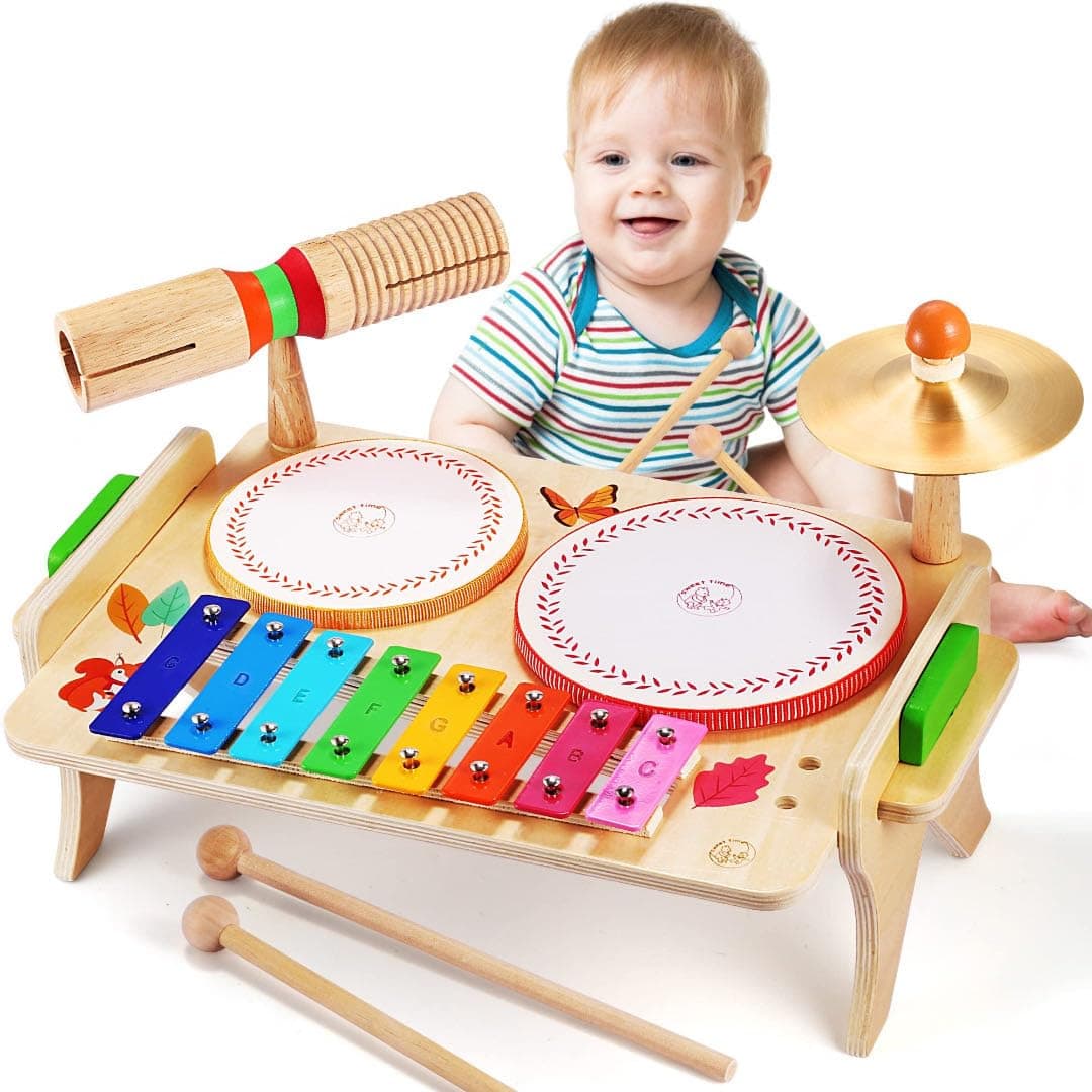 Baby Drum Kit Wooden Musical Instruments Toys, Kids Drum Set with Xylophone for Toddlers Birthday Gifts for Boys Girls