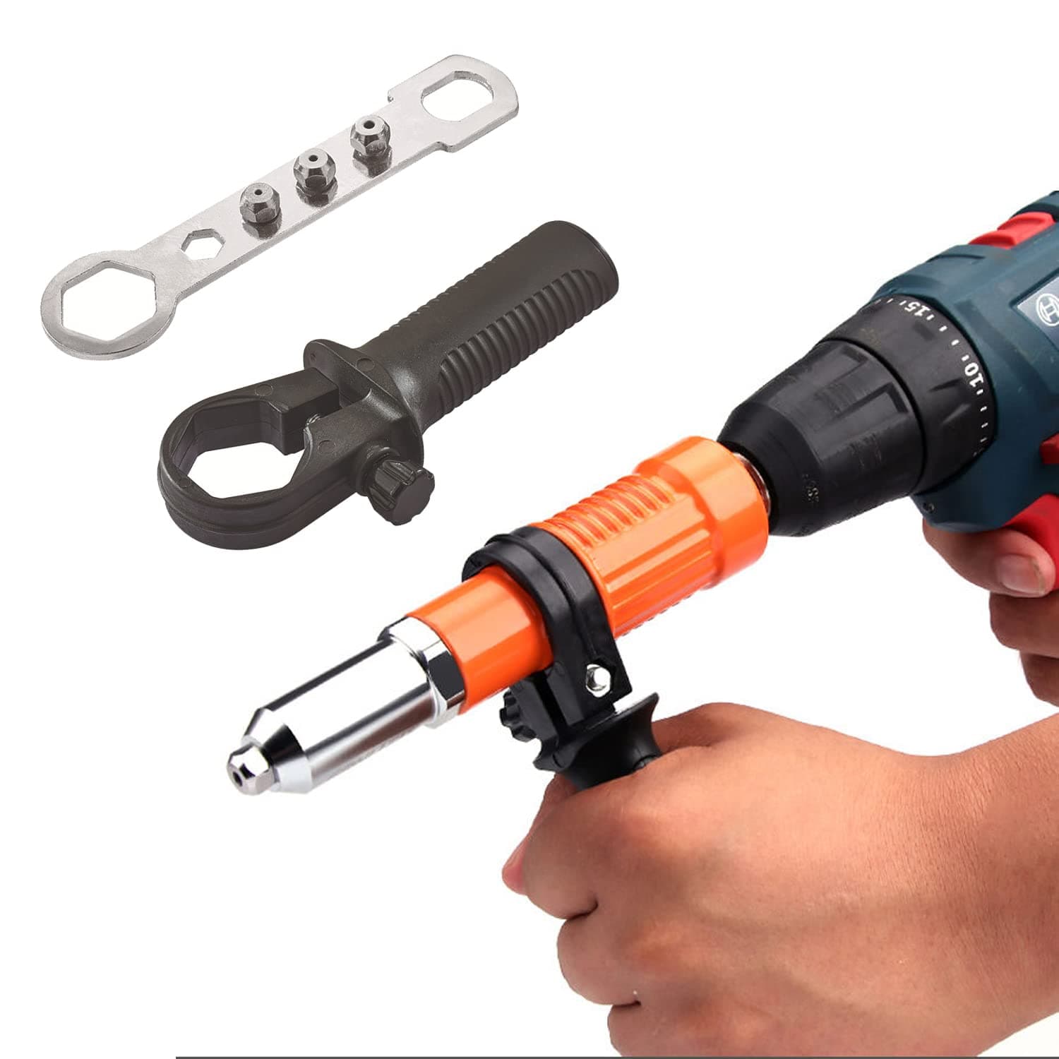 Electric Rivet Gun Adapter, Cordless Drill Adapter Rivet Tool Insert Nut Hand Tool Kit Drill Adapter with Aluminum Casting Housing, Non-slip Handle, Convertible Head and Wrench