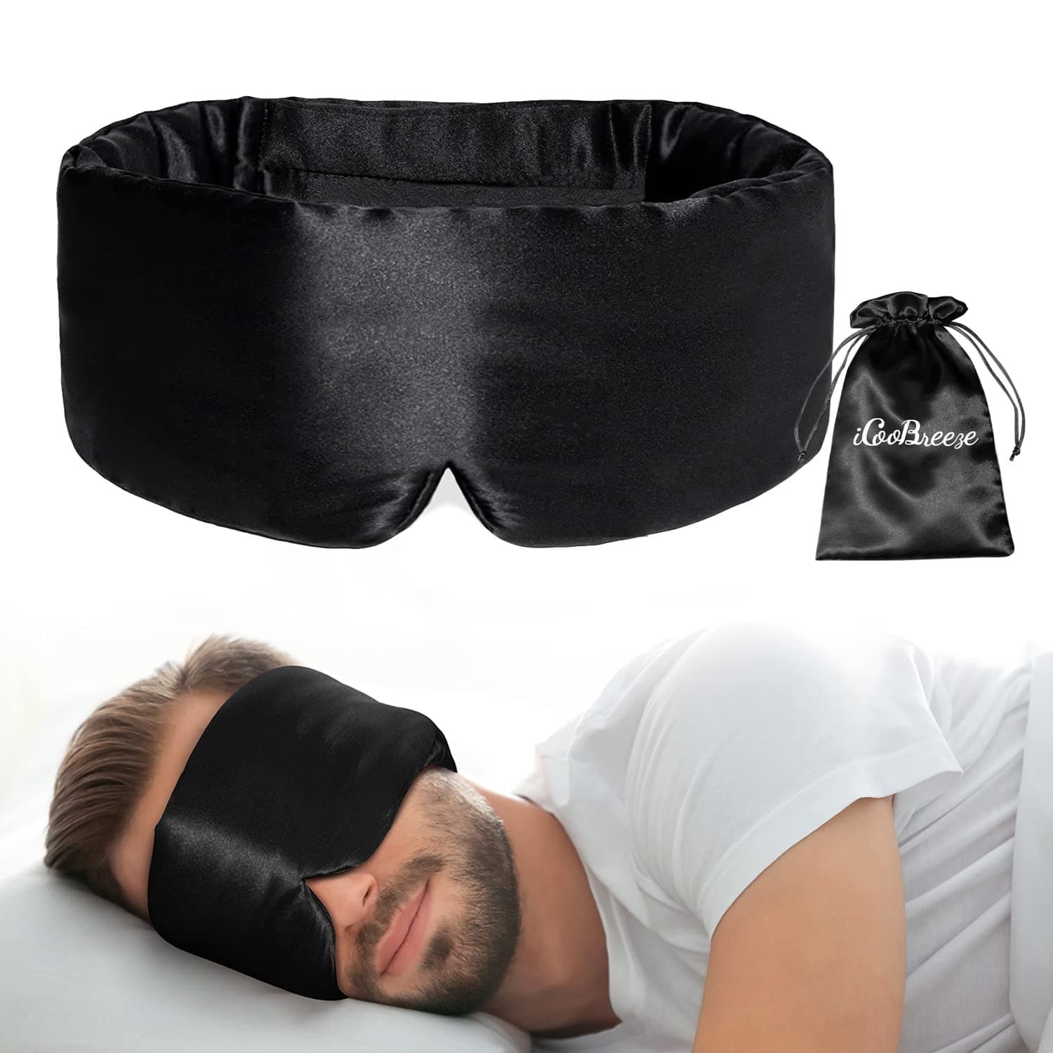 100% Natural Silk Eye Mask for Women Men, Soft Pressureless Cooling Blackout Eye Covers for Sleeping, Large Size Sleep Mask fits All Heads Adjustable, 1PC, Black