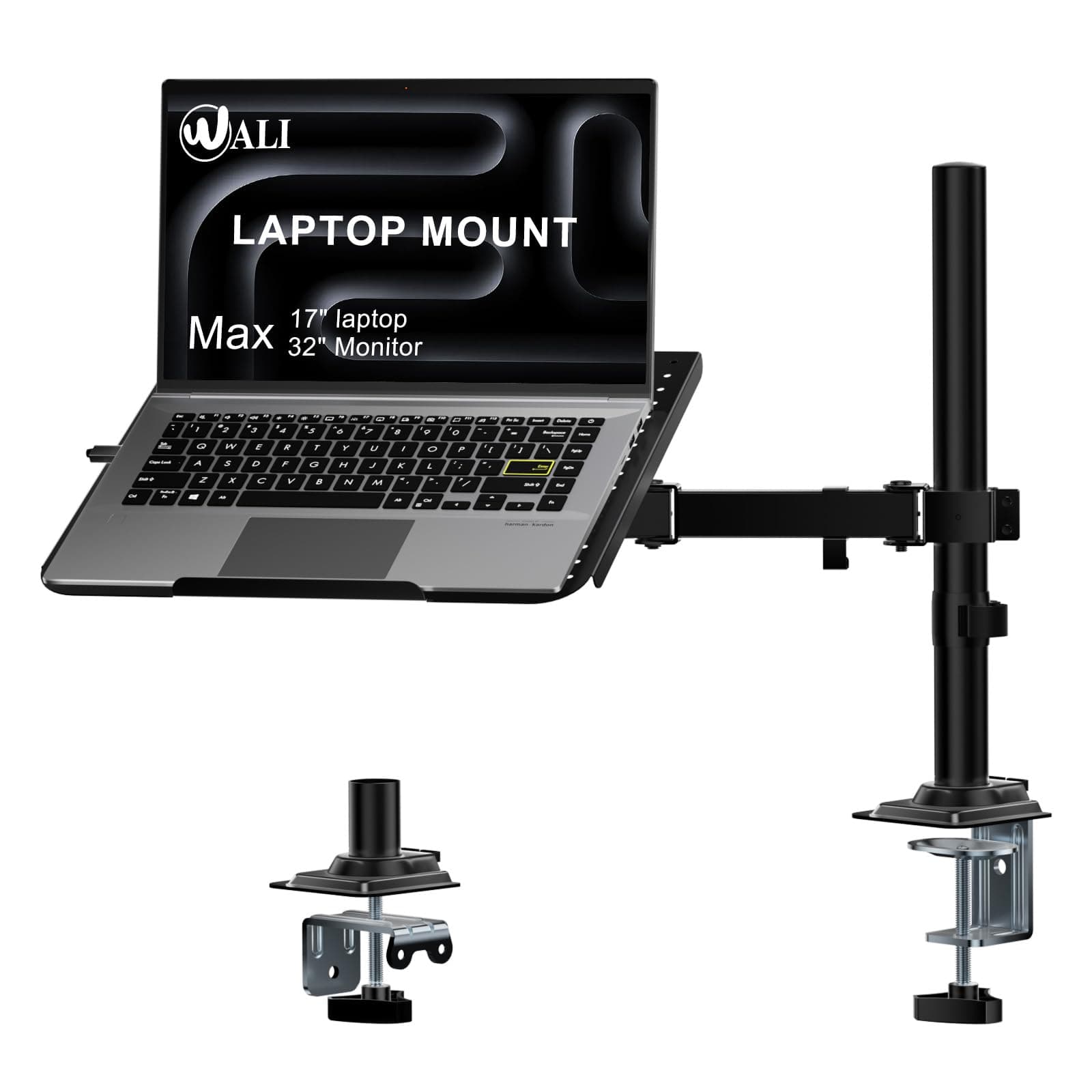 Laptop Desk Mount for 17 inch Notebook, Adjustable Single Monitor Arm with Laptop Holder for 32 inch Screen, Laptops Stand with Ventilated Tray, Up to 22 lbs, (M00LP), Black