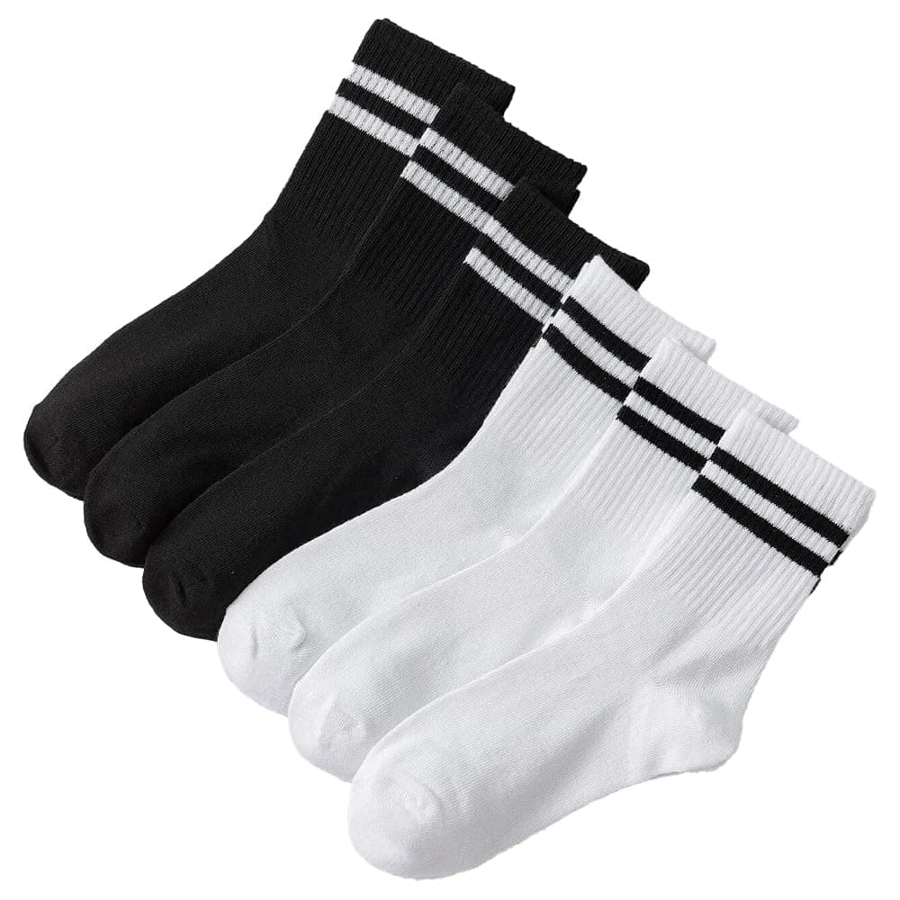 6 Pairs High Tube Mid Length Unisex Sports Socks Set For Men & Women in Solid Black And White Parallel Bars