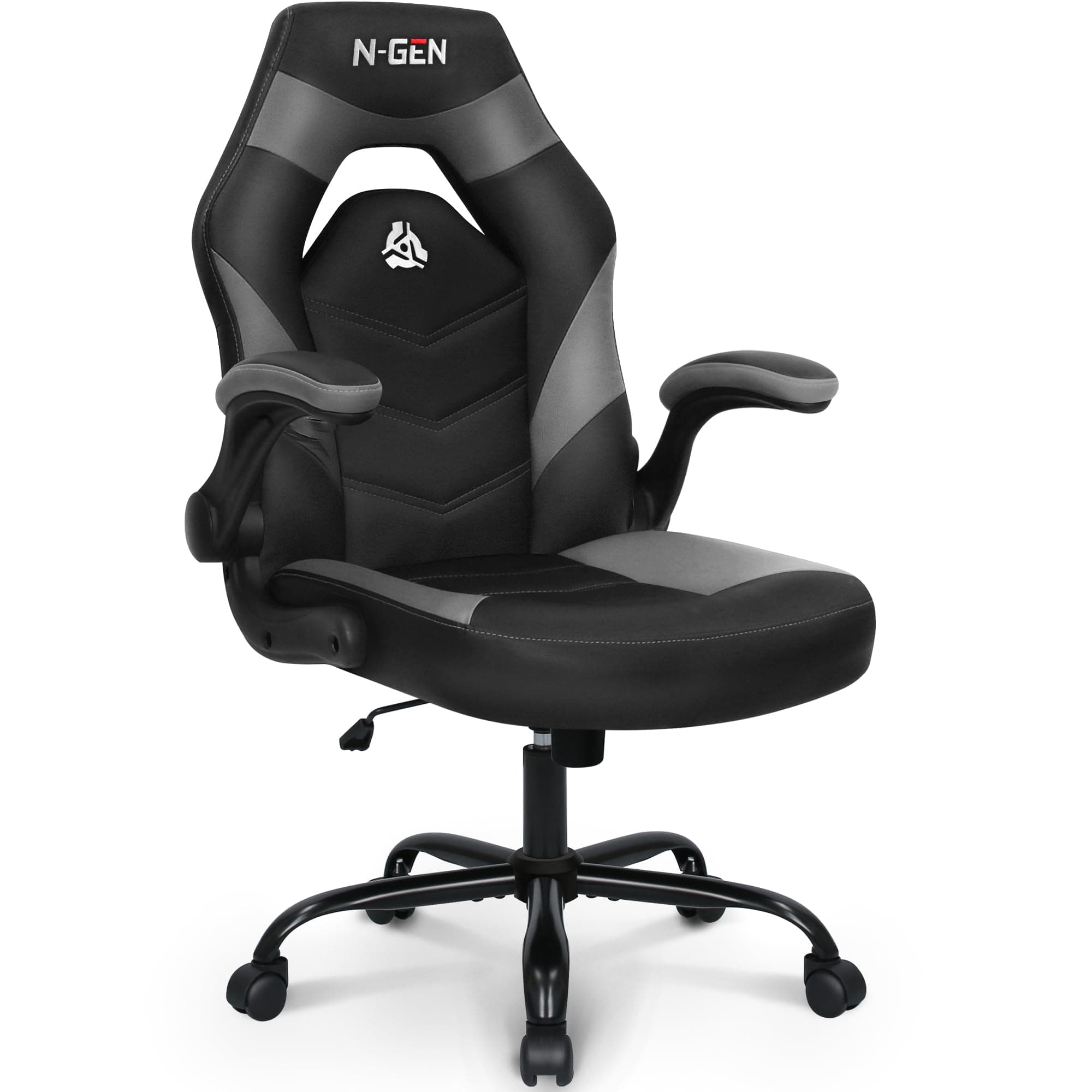 N-GEN Video Gaming Chair Ergonomic Computer Desk Office Chair with Lumbar Support Adjustable Height Swivel Wheels Flip-Up Arms PU Leather Home and Office (Grey)
