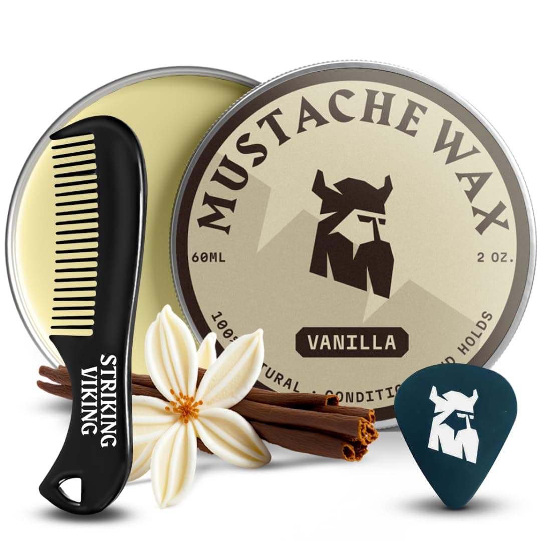Striking Viking Moustache Wax and Comb Kit - 60g, Vanilla Scent - Strong Hold Moustache Grooming Kit with Anti-Static Comb for Precise Grooming - Non-Greasy Formula for Easy Beard Care