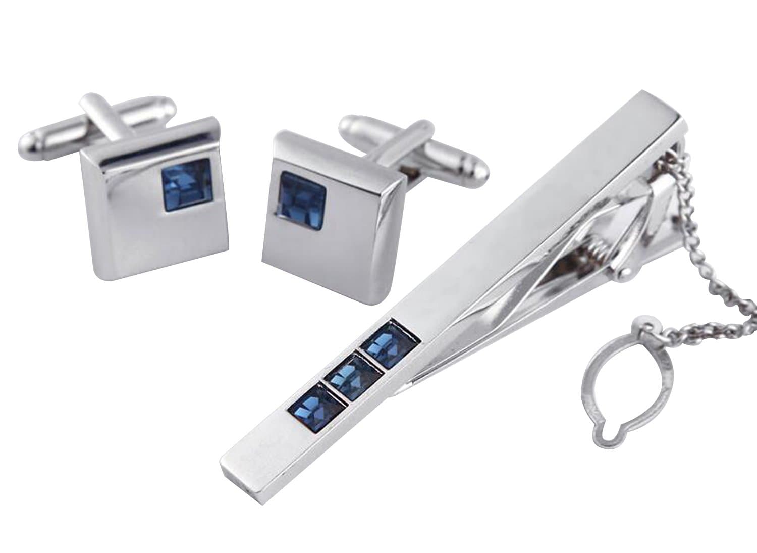 Mens Crystal Rhinestone Silver Tie Clip/ Tie Bar /Tie Pins Cufflinks Set (Blue)