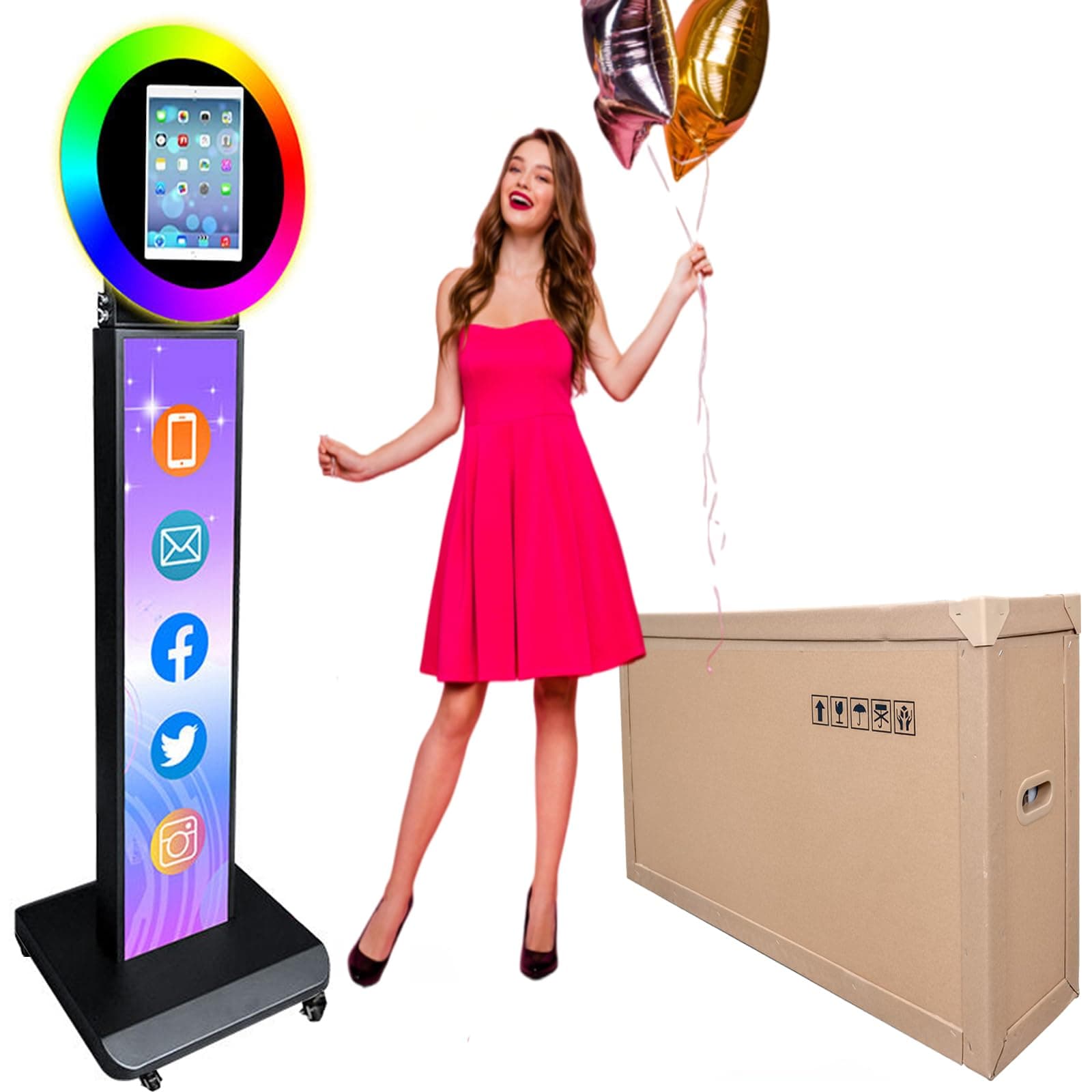 Portable Photo Booth for iPad 10.2" 10.9'' 11'' 12.9'' Shell Stand Selfie Station Customized Logo Photobooth Machine with Round Adjustable RGB LED Light Ring for Events Rental Wedding