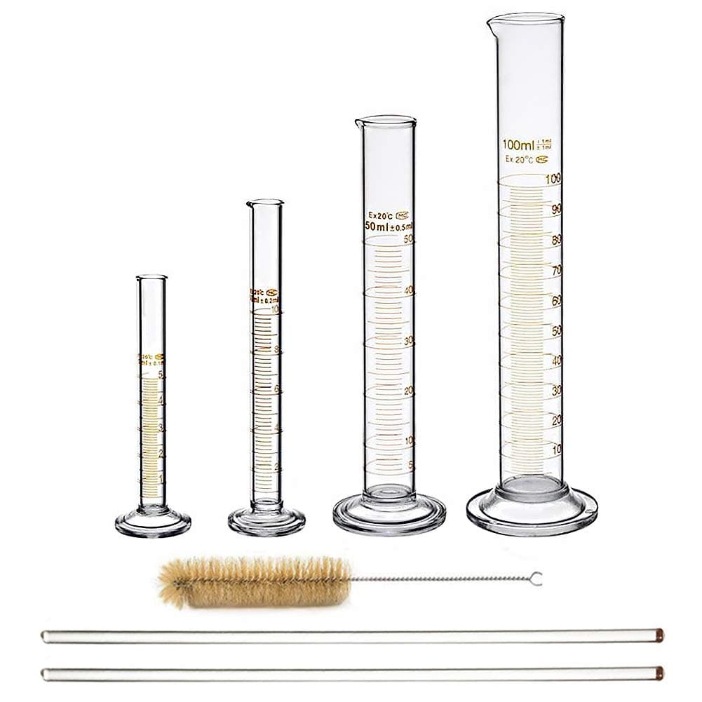 Glass Graduated Cylinder Set Thick Measuring Cylinders 5ml 10 ml 50ml 100ml with 2 Glass Stirring Rod and 1 Brush