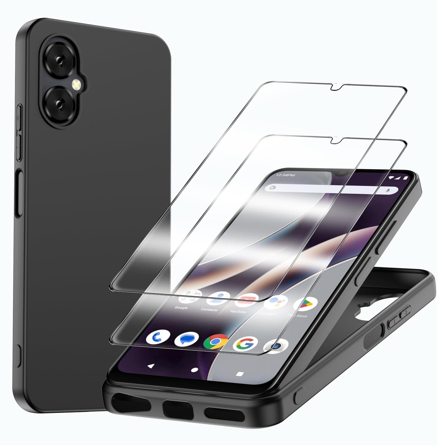 RTYJZ for BLU G53 Case with 2 Pack Tempered Glass Screen Protector Shockproof Soft Silicone Protective Phone Cover Case for BLU G53 G0850, Black