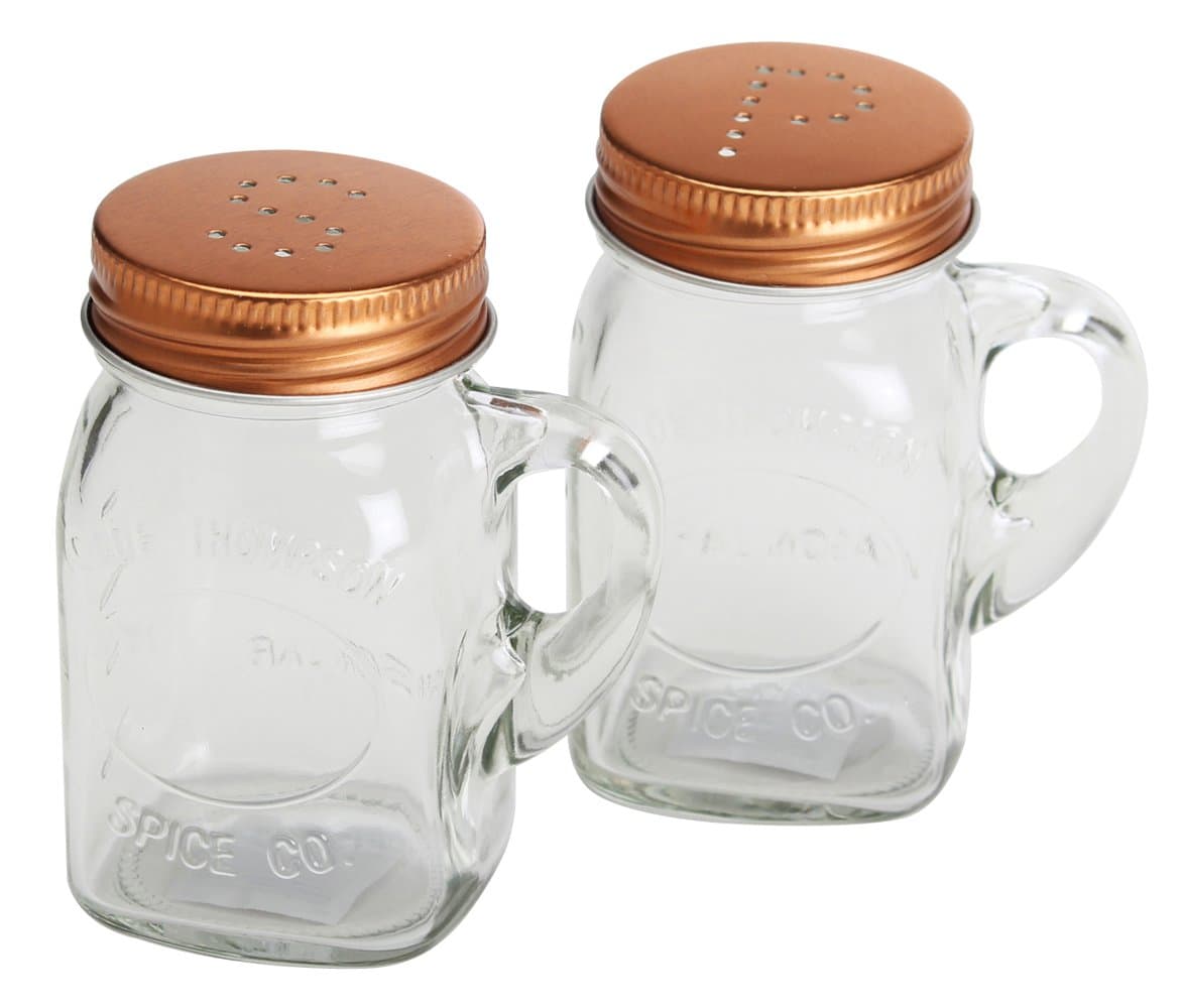 Salt and Pepper Shaker Set Mason Jar with Copper Lid, glass handle, clear box