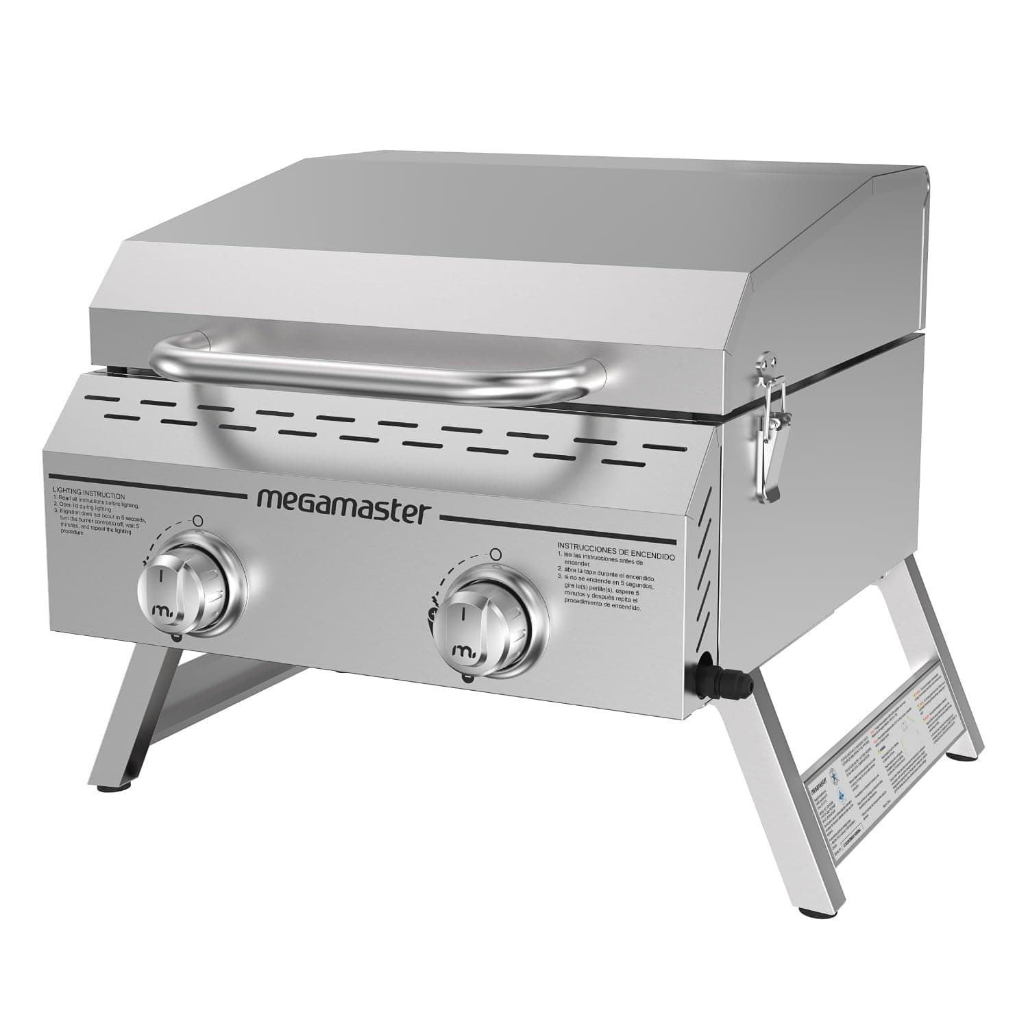 Megamaster Premium Outdoor Cooking 2-Burner Grill, While Camping, Outdoor Kitchen, Patio Garden, Barbecue with Two Foldable legs, Silver in Stainless Steel