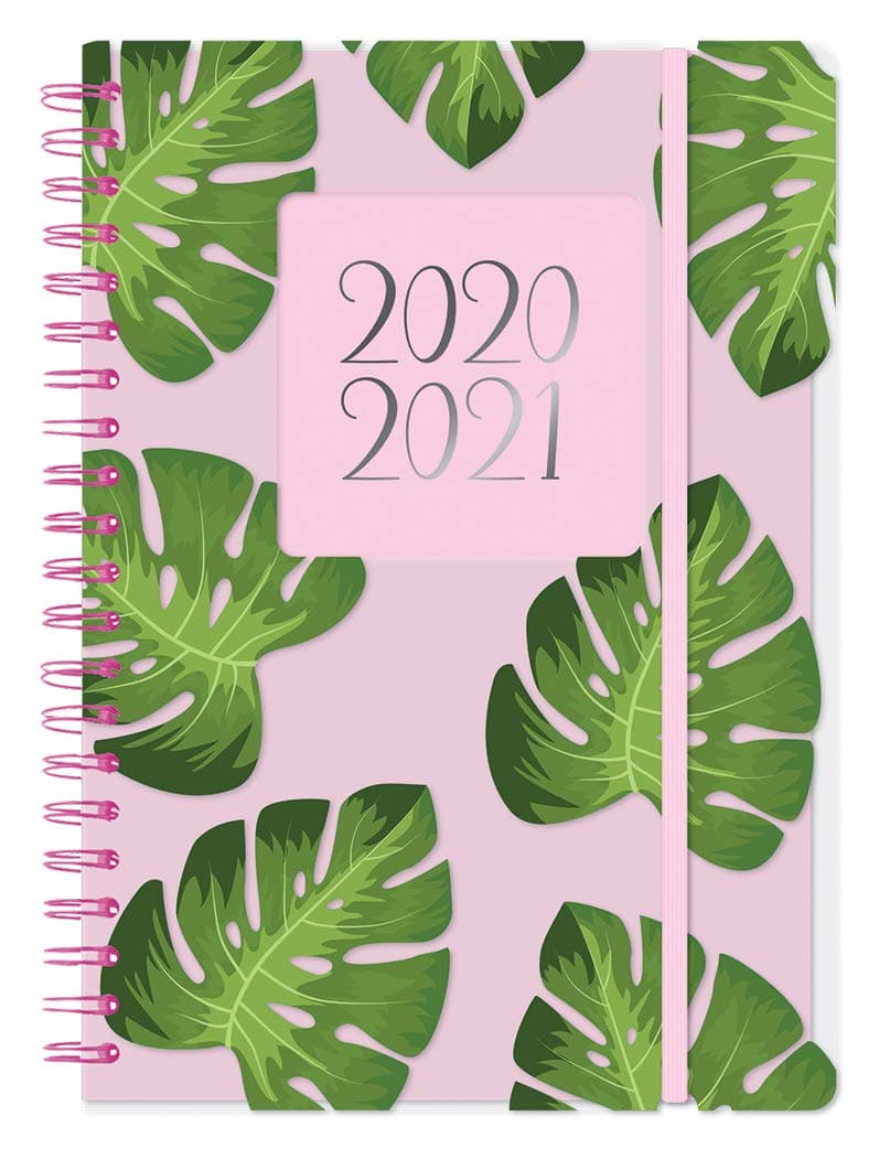 2021 2022 Spiral Bound Diary A5 Day to Page Academic Diary (Pink (Green Leaves Design))