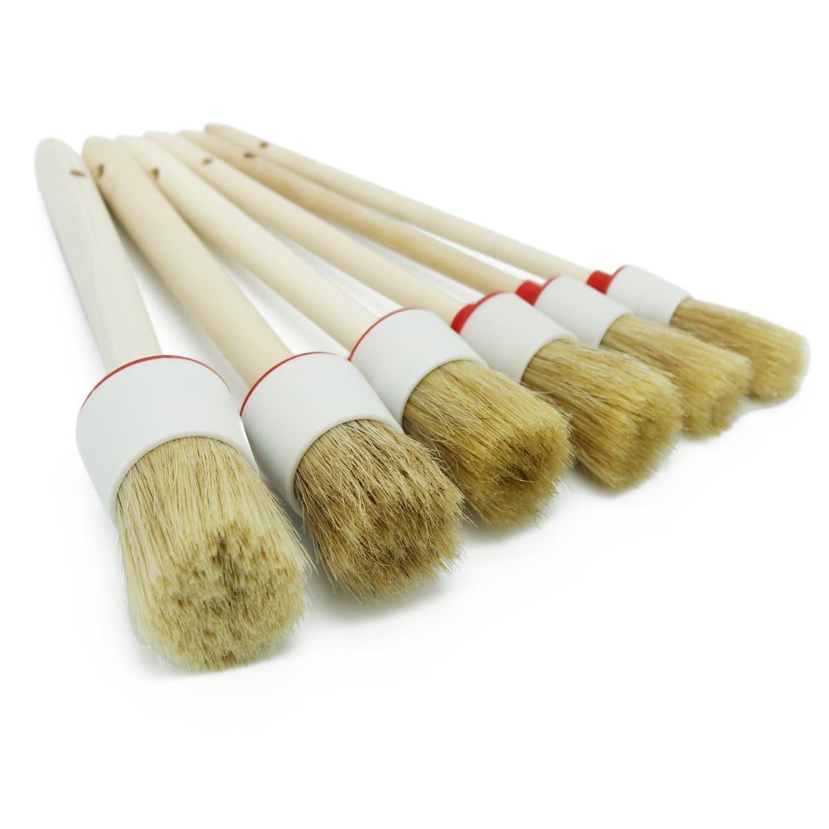 MZQLight Natural Boar Hair Detail Brushs(Set of 6), Detailing Brush Set for Cleaning Weels, Interior, Exterior, Leather