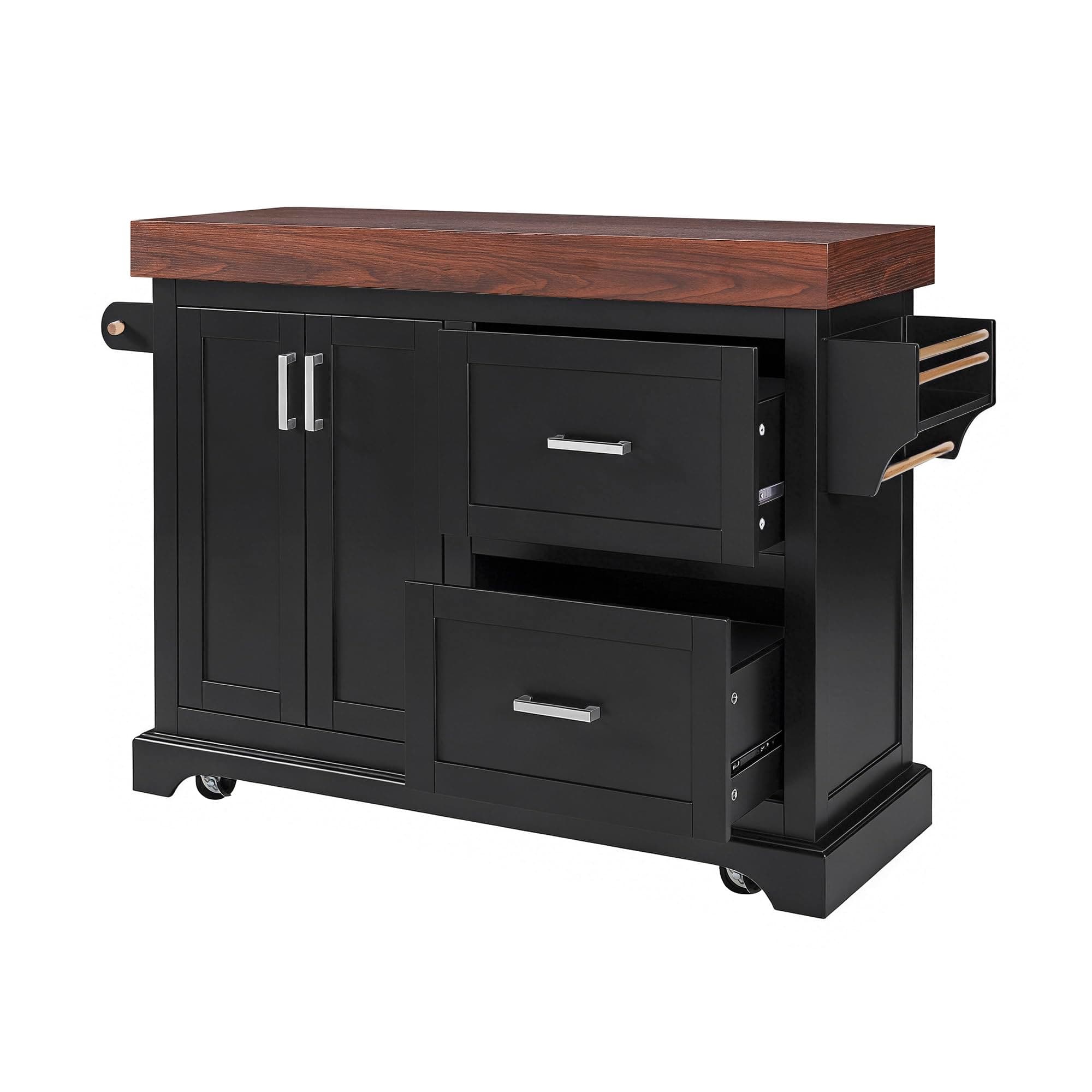 LUMISOL Rolling Kitchen Cart with 2 Storage Drawers, Spice and Towel Racks, Kitchen Island with 3.5" Thick Desktop, 53" Mobile Island Table on Wheels with Storage for Dining Room, Black