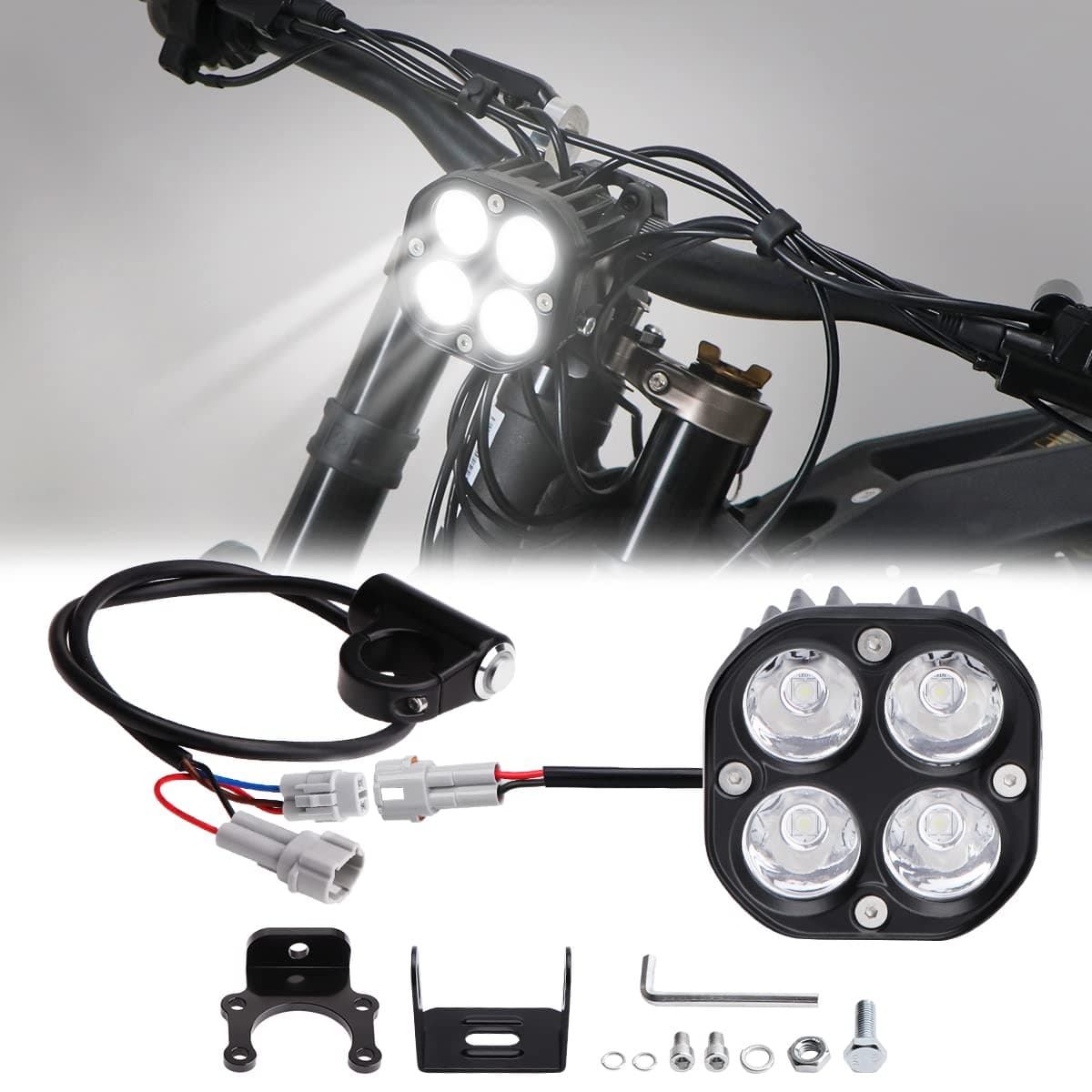 Dirt Bike Headlight, Upgrade 6000Lumen Super Bright Light Kit for Sur Ron Segway, Plug N Play Light 4LED Powersports Headlight Bulbs and Assemblies, headlamp for Sur Ron Parts(with switch)