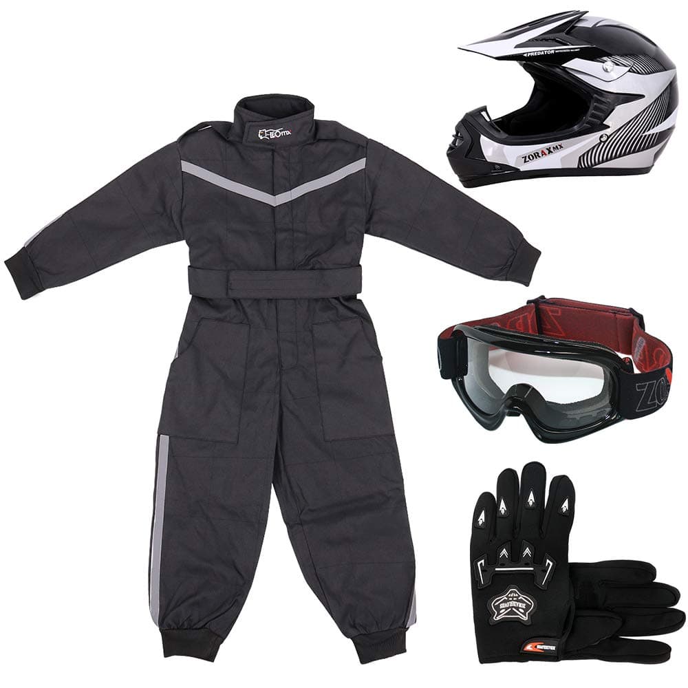 Zorax ZOR-X19 White (M 51-52cm) Kids Motocross Motorbike Helmet + Gloves (M 6cm) + Goggles + Leopard Suit (XL 11-12 Yrs), for Boys Girls Quad Birt Bike Racing Karting