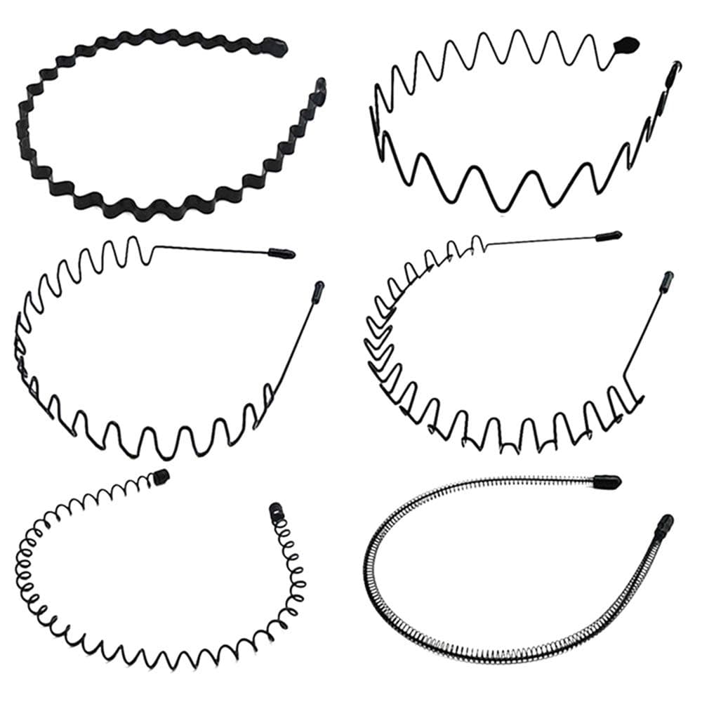 Ealicere 6 PCS Metal Wavy Hairbands, Black Elastic Spring Hair Hoop Band,Multi-style Comb Non Slip Sport Head Band Accessories for Women and Men