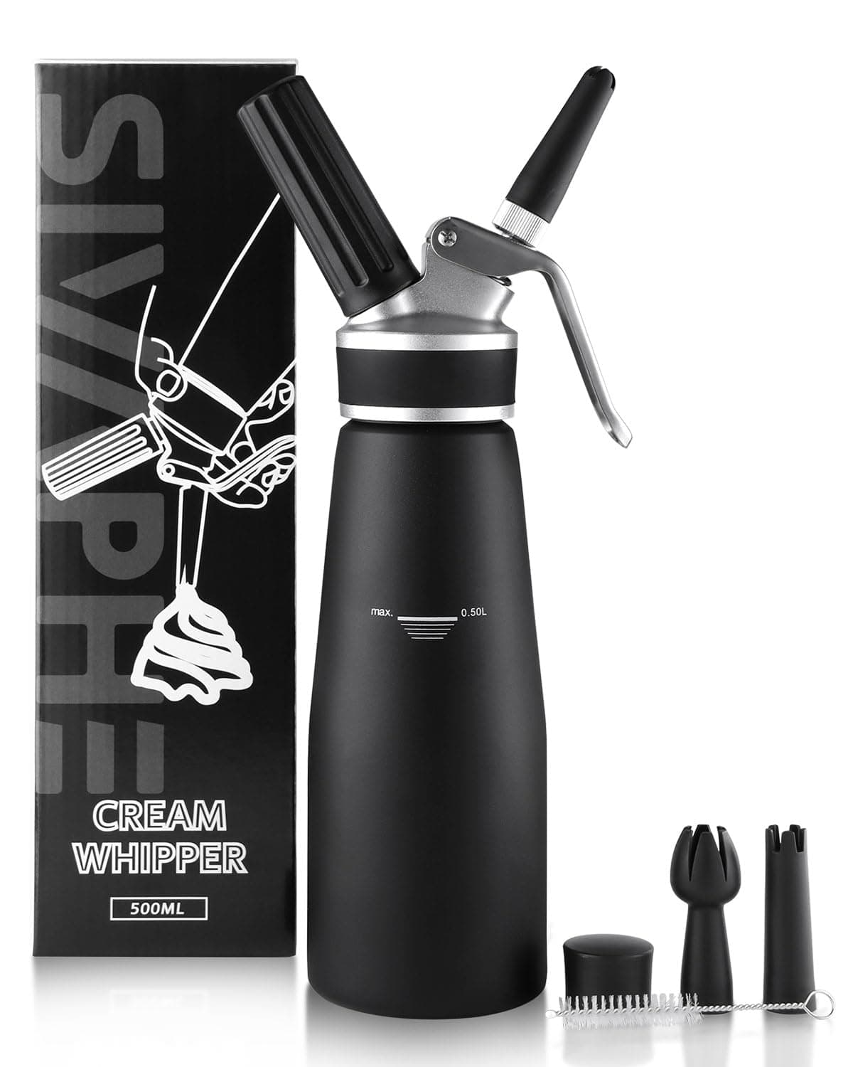 Professional Whipped Cream Dispenser Aluminum Grade Canister, Heavy Duty Cream Whipper Homemade Bliss, Portable Whipped Nitro Coffee Maker Black（8g Chargers Not Included)